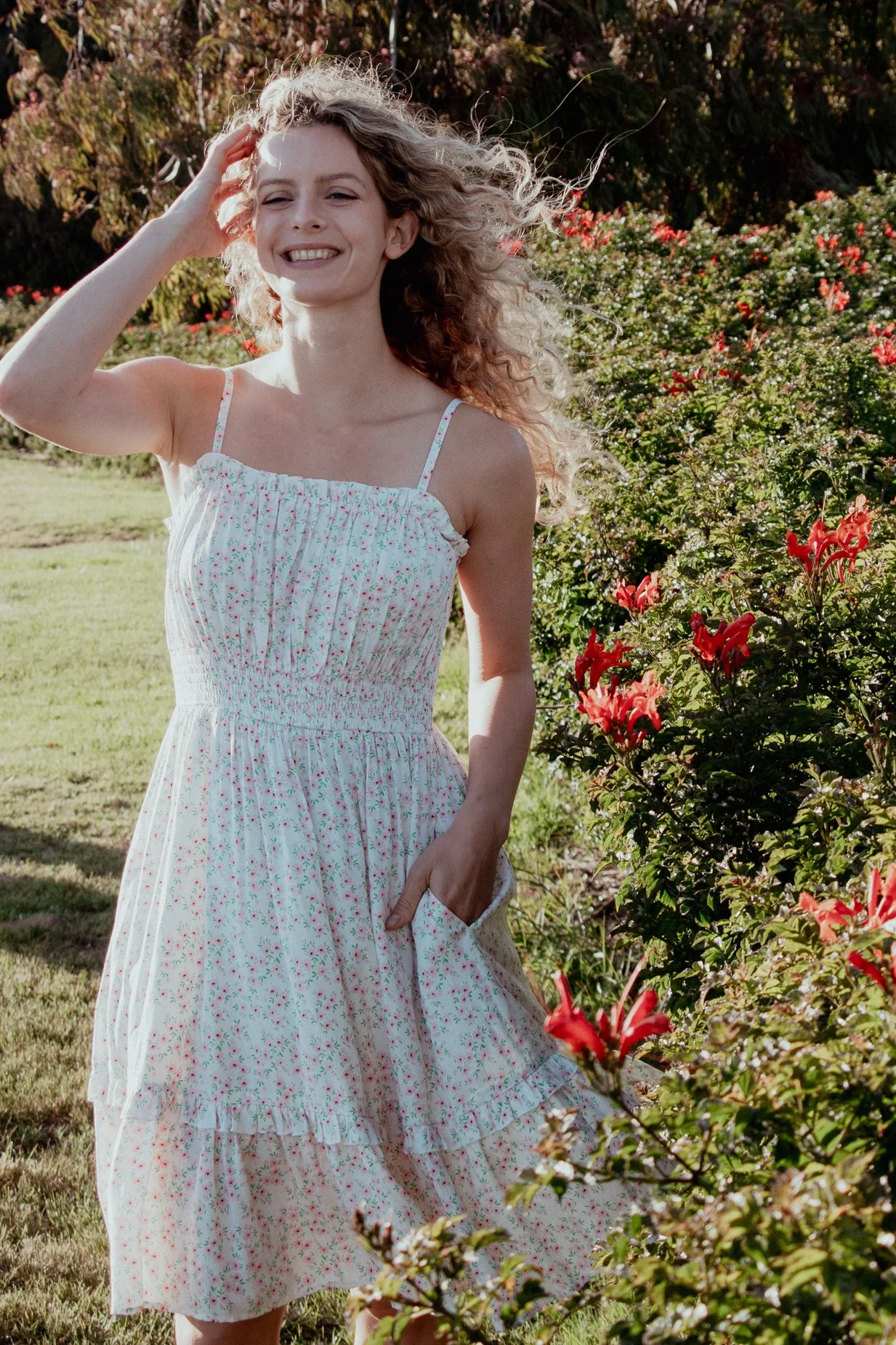 Ivory Floral Smocked Waist Ruffle Accent Dress - Image 3