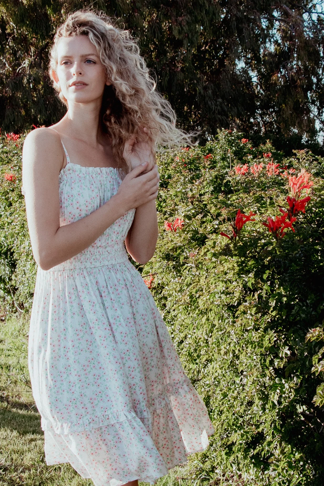 Ivory Floral Smocked Waist Ruffle Accent Dress - Image 4