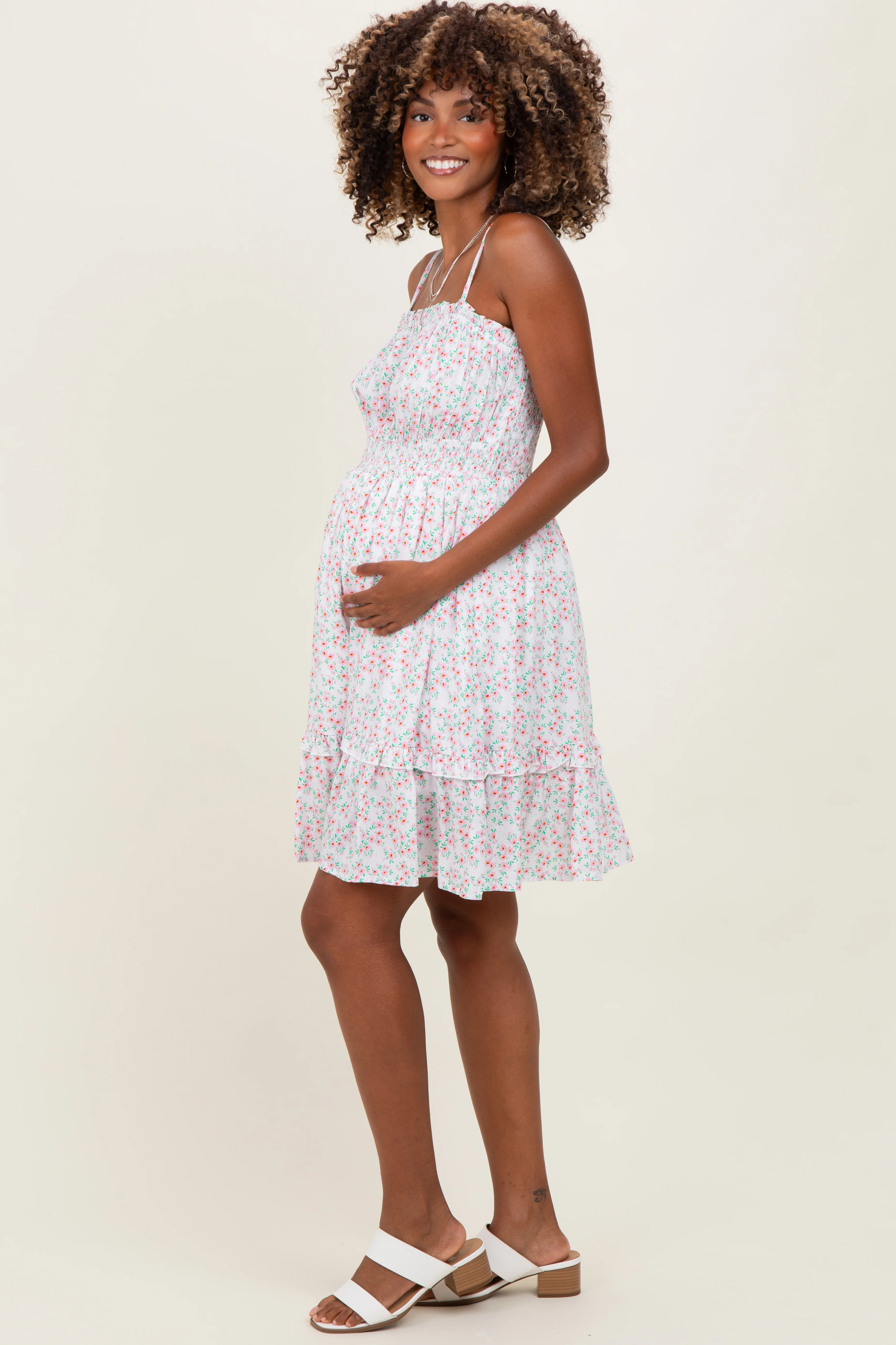 Ivory Floral Smocked Waist Ruffle Accent Maternity Dress - Image 3