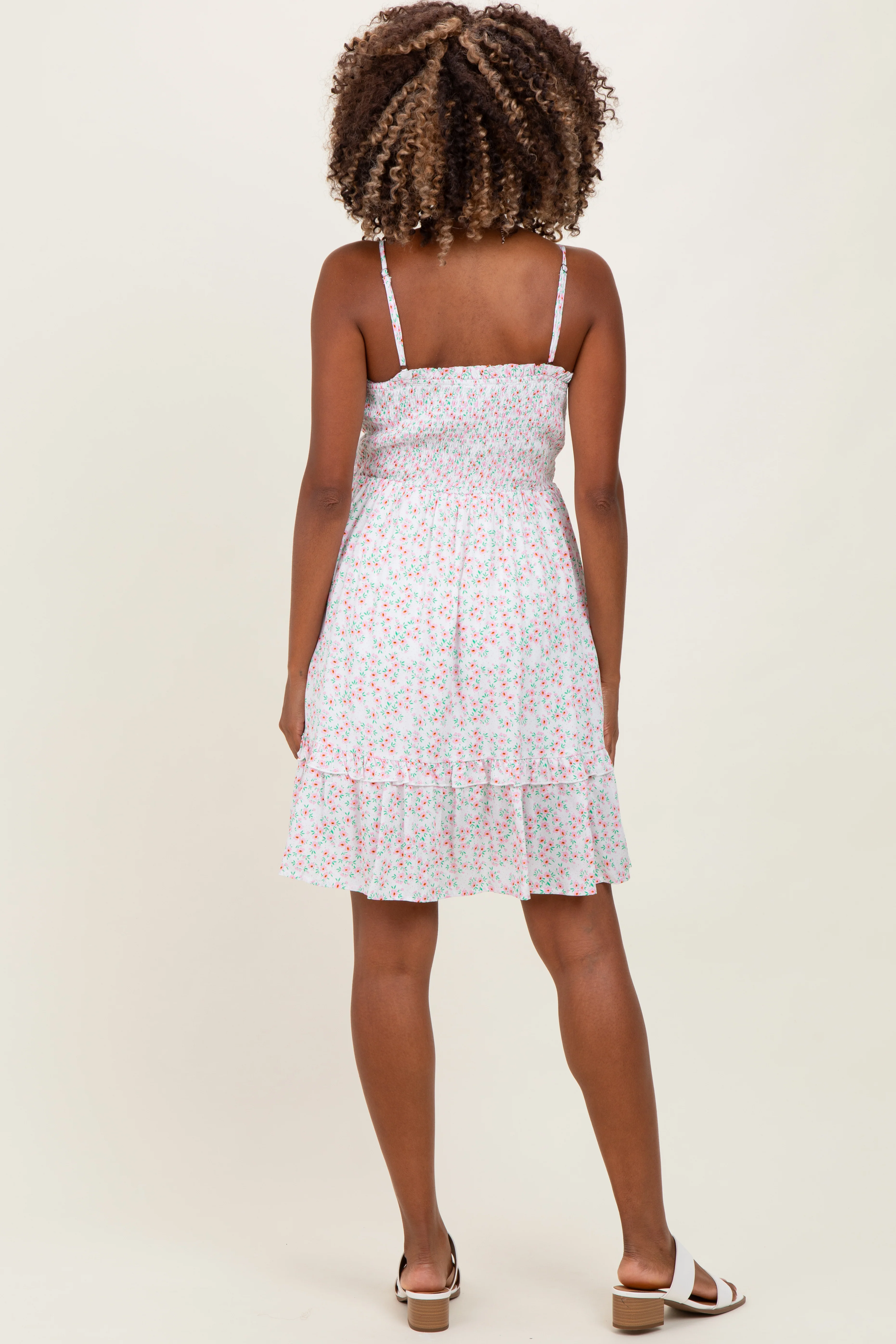 Ivory Floral Smocked Waist Ruffle Accent Maternity Dress - Image 4