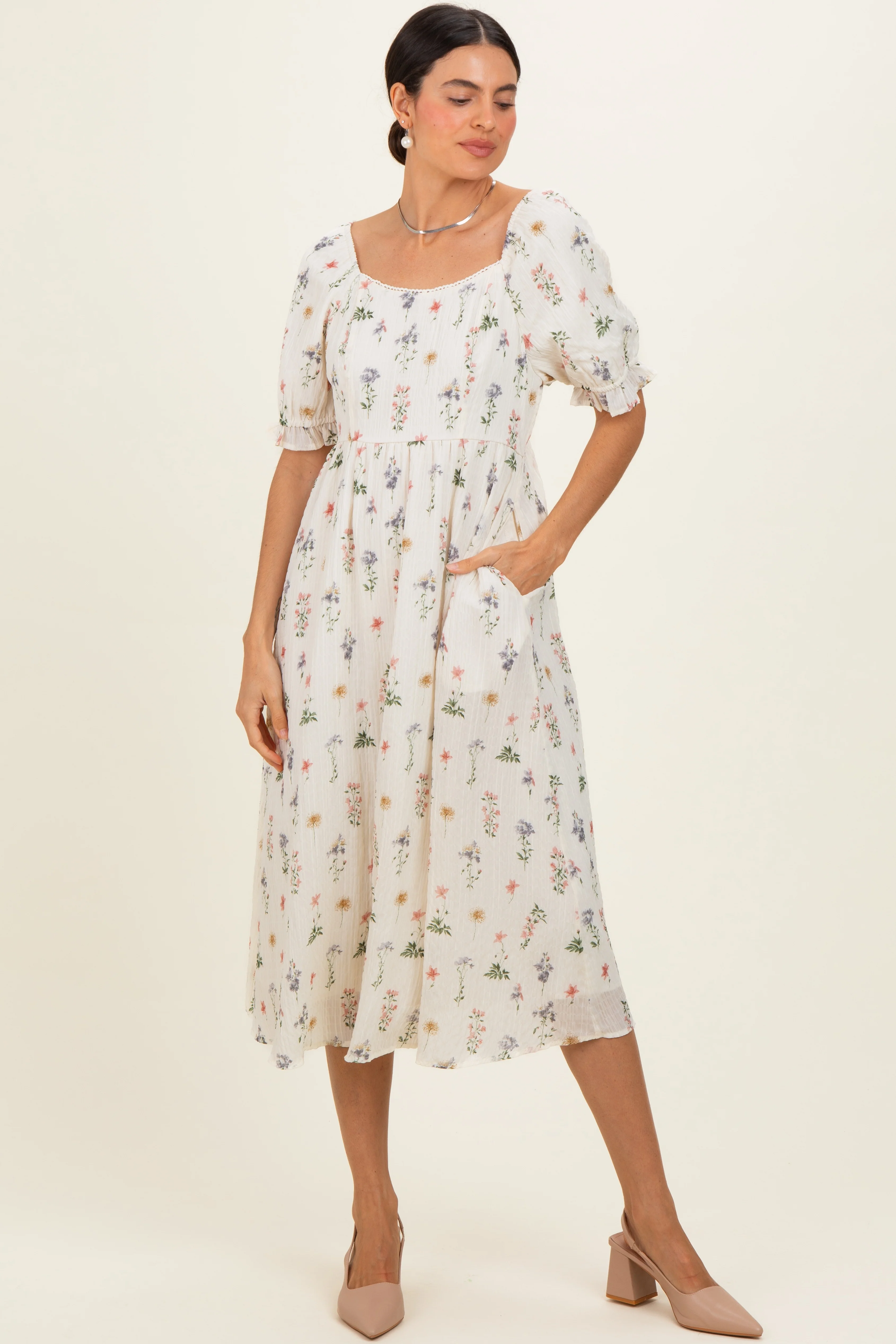 Ivory Floral Sweetheart Neckline Maternity Midi Dress - Image 5