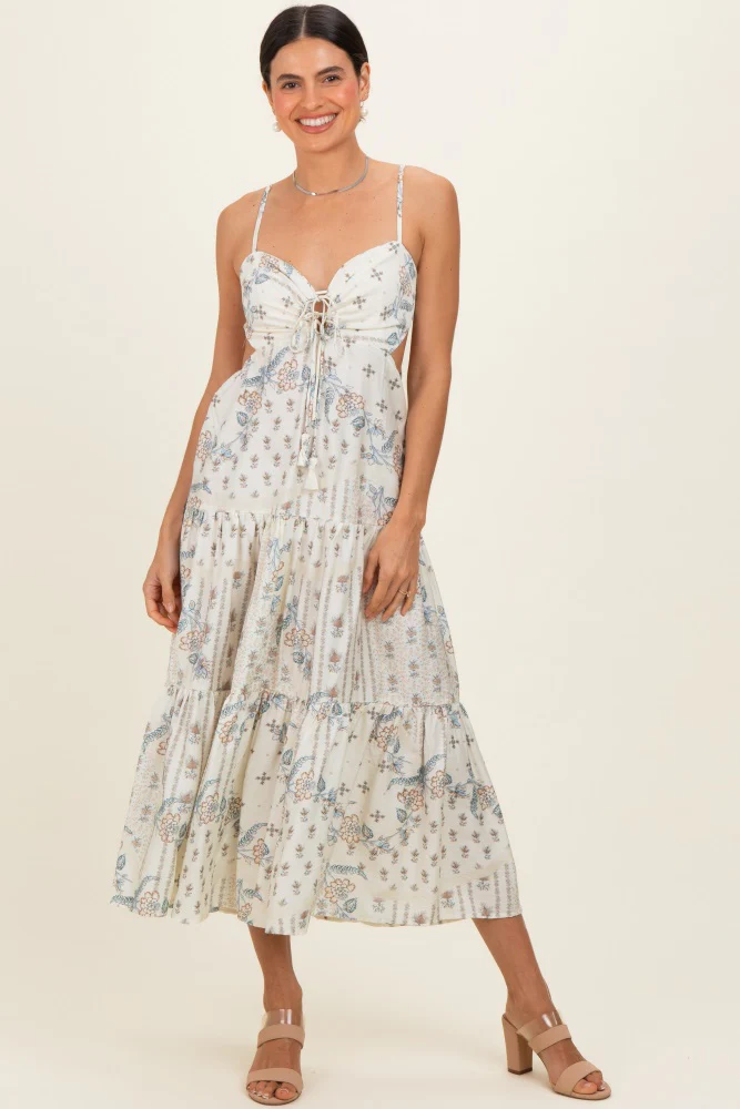 Ivory Floral Tiered Front Tie Midi Dress