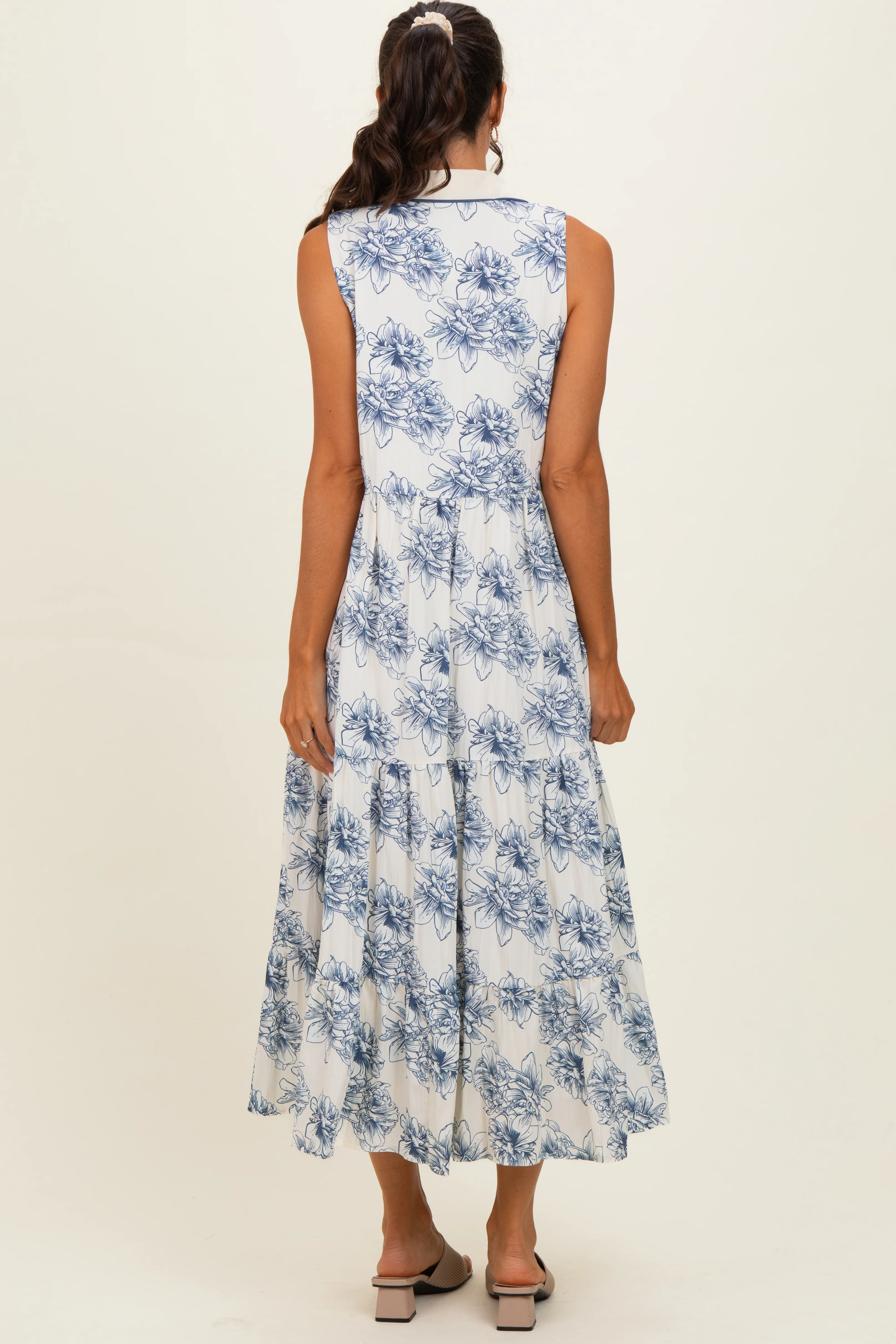Ivory Floral Tiered Sleeveless Shirt Dress - Image 3
