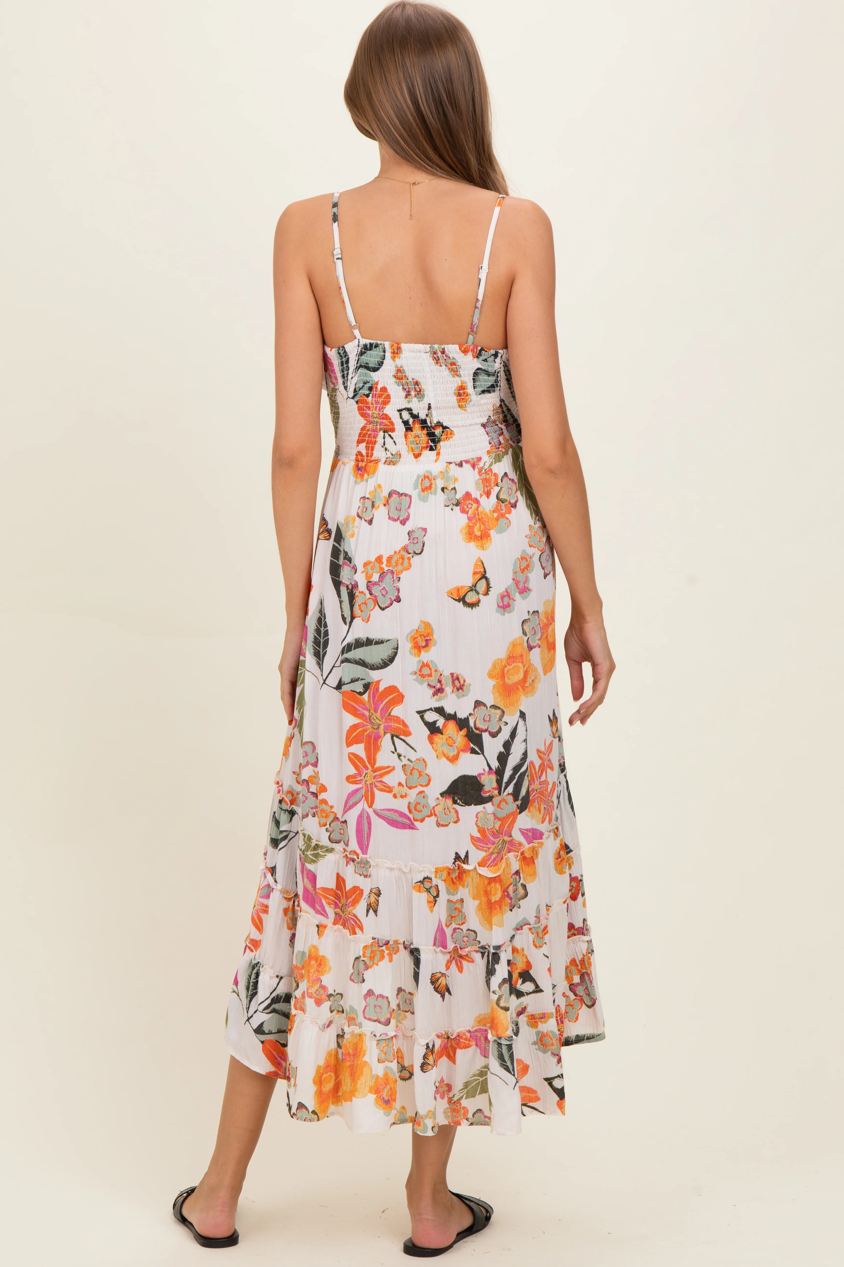 Ivory Floral V-Neck Tiered Hem Maternity Midi Dress - Image 3