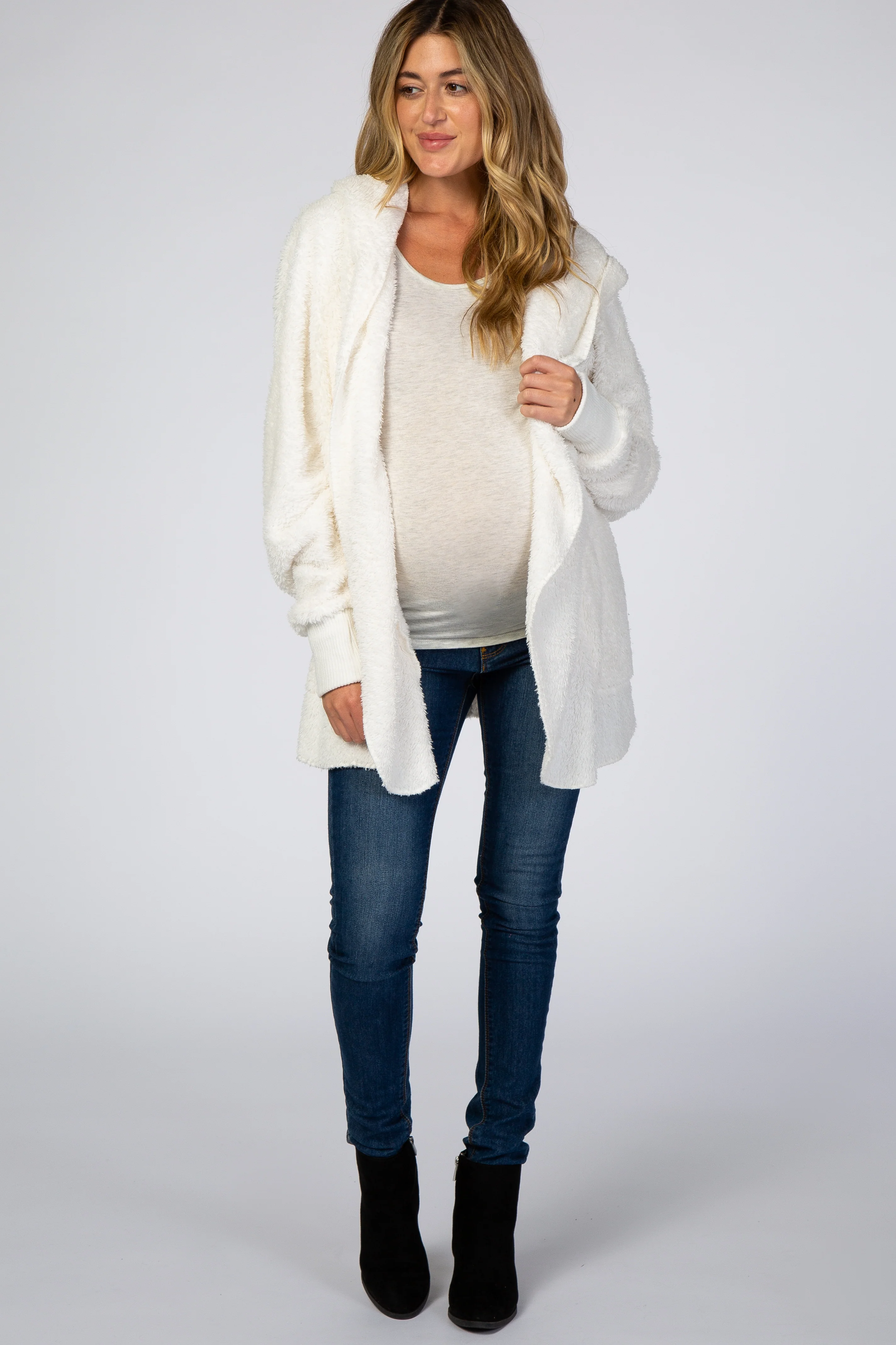 Ivory Fuzzy Hooded Long Sleeve Maternity Jacket - Image 4