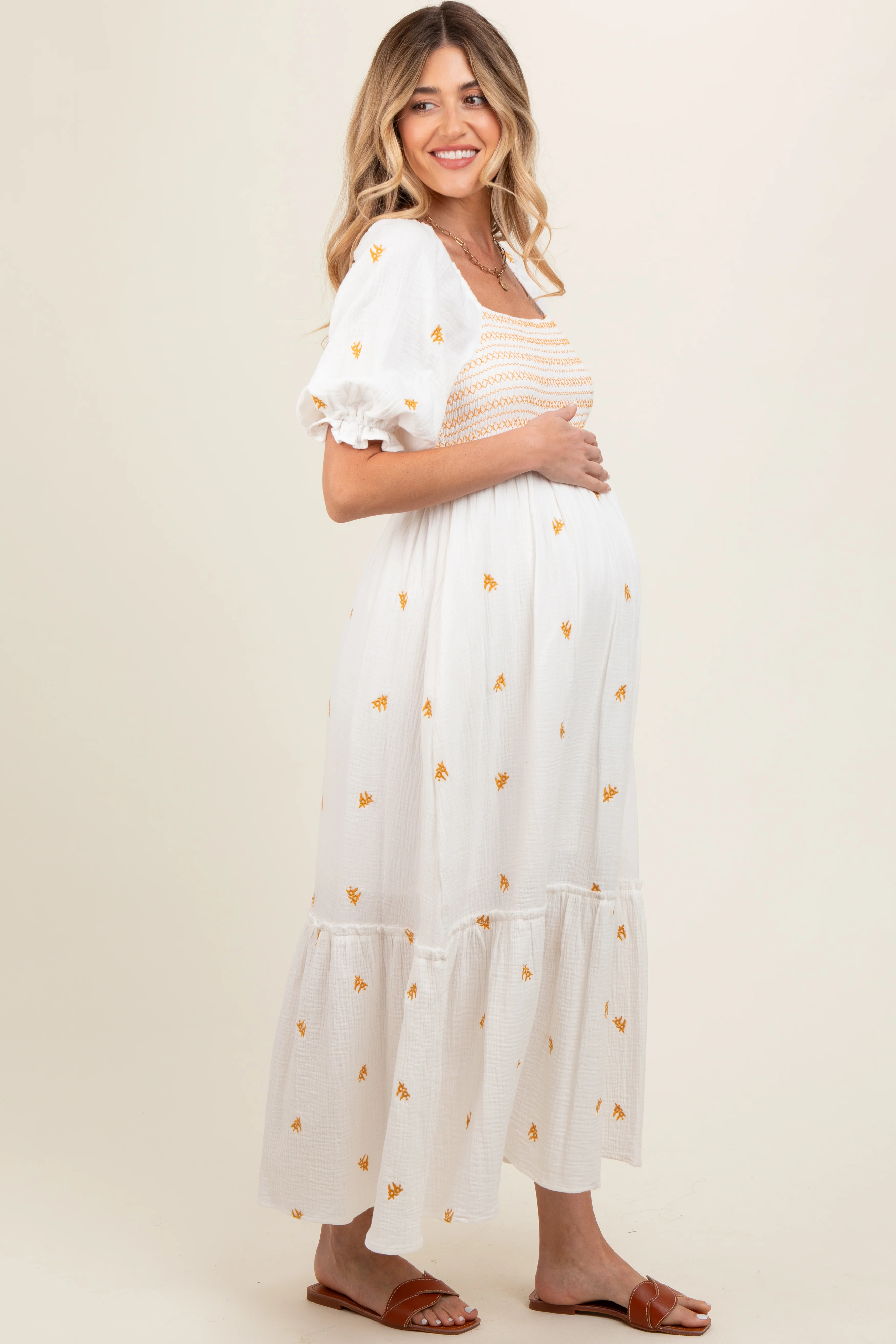 Ivory Gauze Smocked Embroidered Square Neck Maternity Midi Dress - Image 3