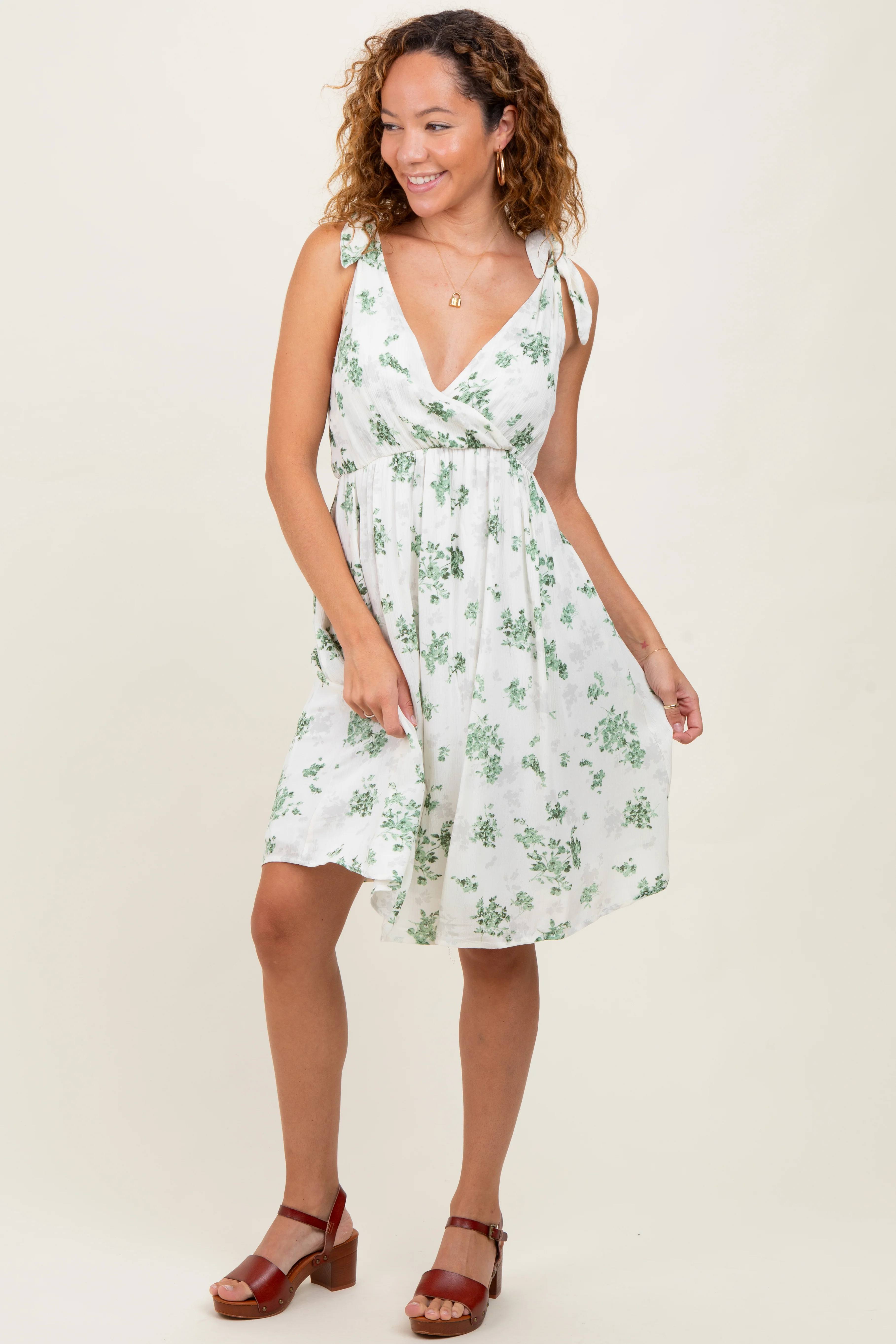Ivory Green Floral Knotted Wrap V-Neck Maternity Dress - Image 5