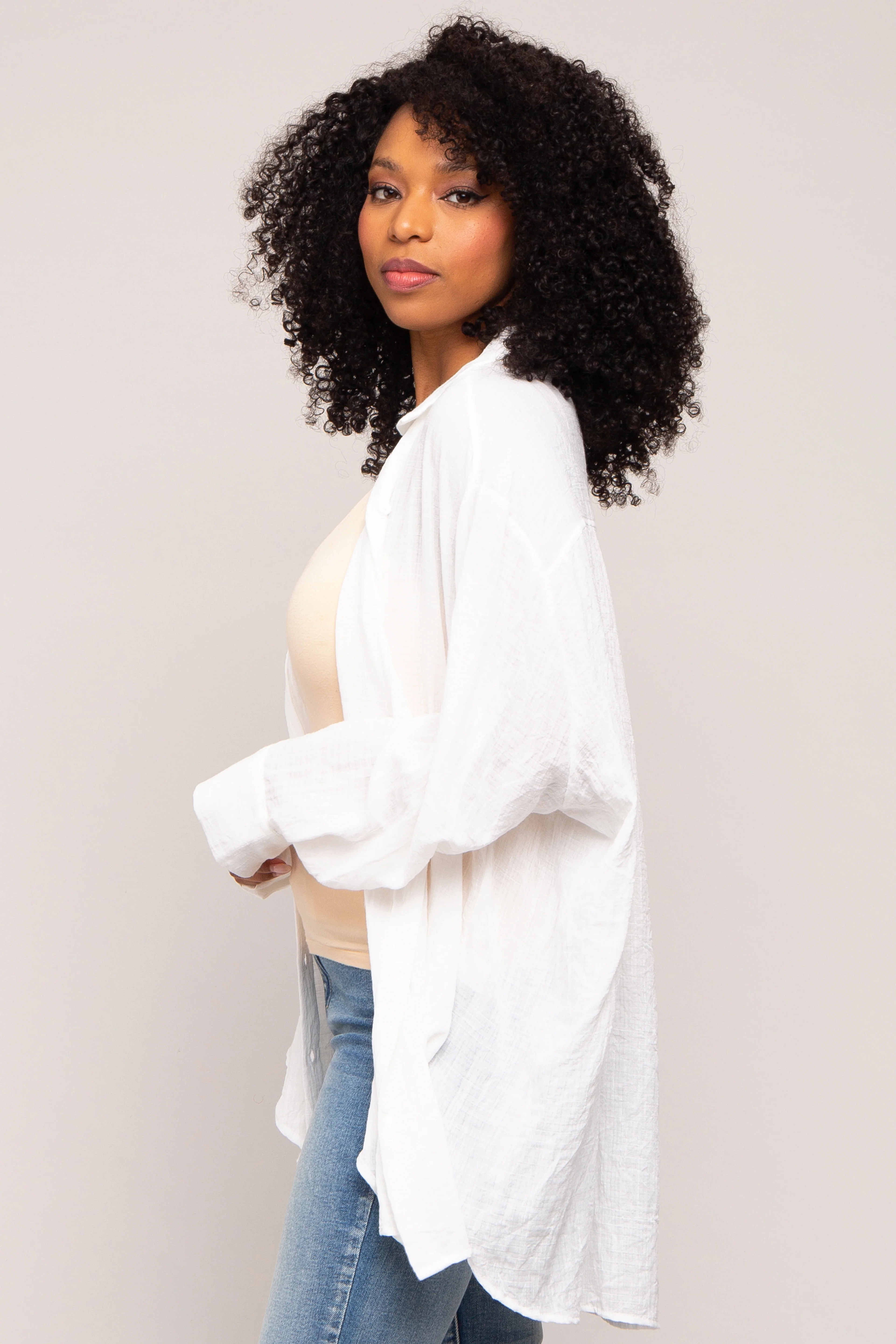 Ivory Lightweight Sheer Button Down Blouse - Image 3