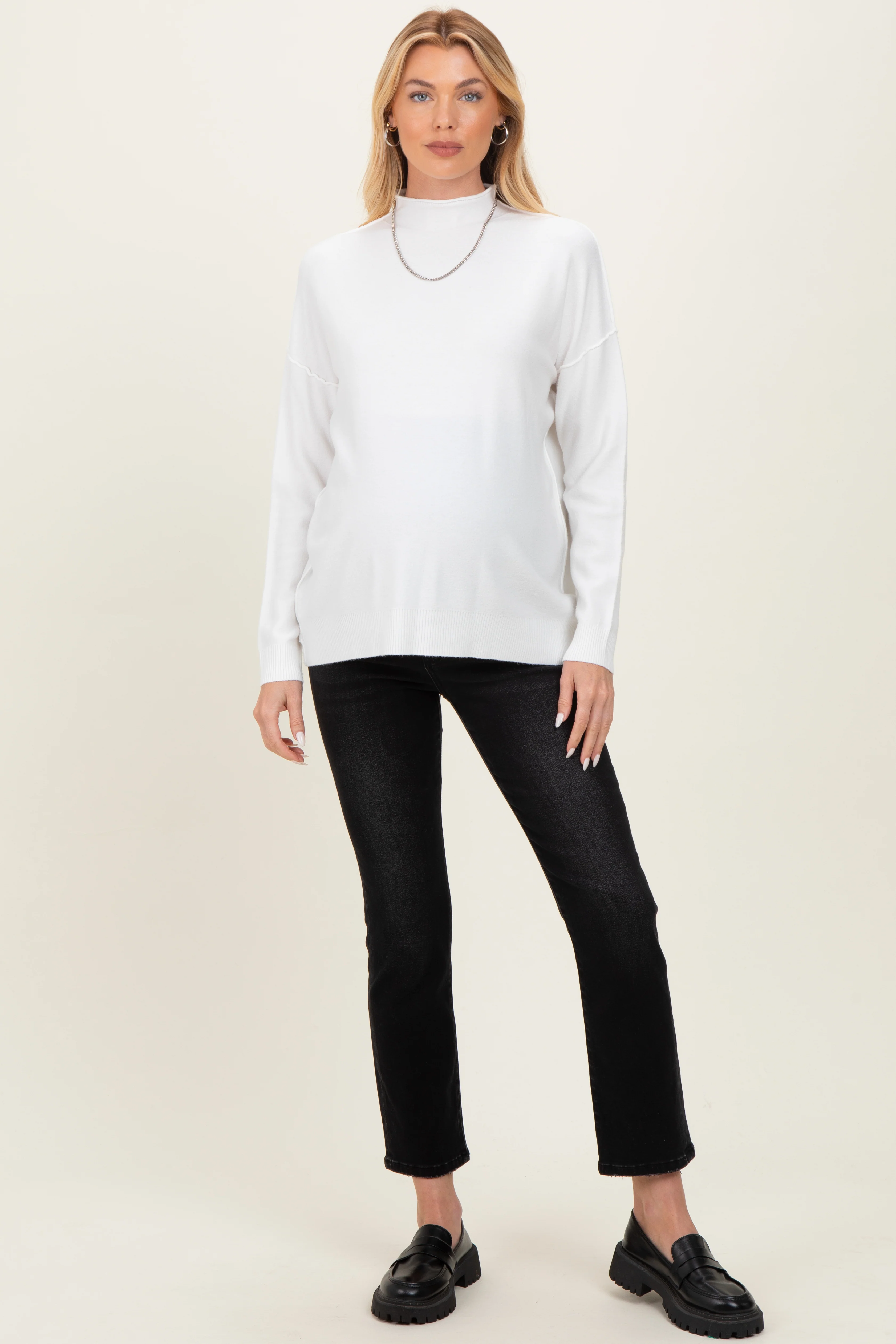 Ivory Mock Neck Exposed Seam Maternity Sweater - Image 4