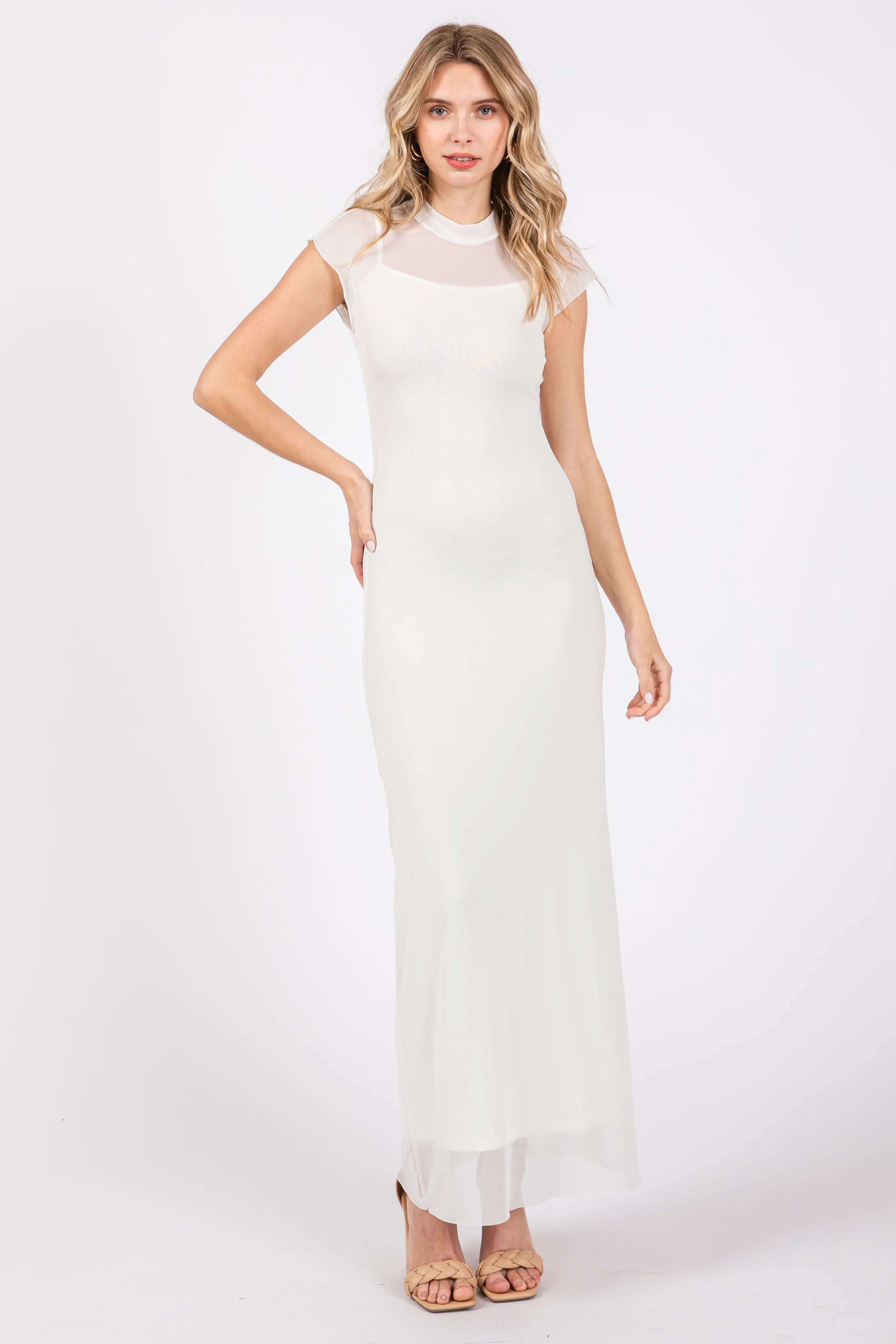 Ivory Mock Neck Sleeveless Mesh Maternity Midi Dress - Image 4