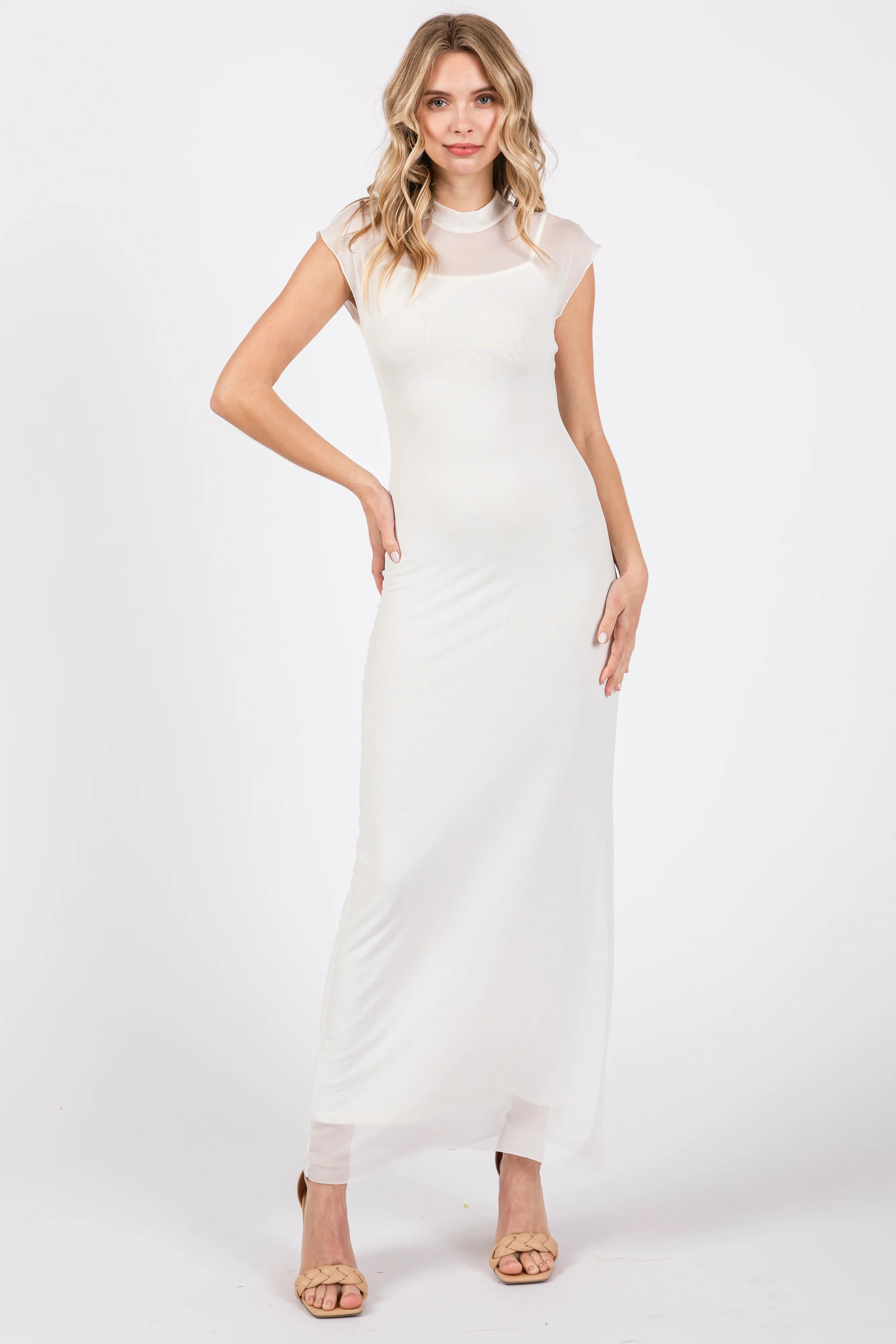 Ivory Mock Neck Sleeveless Mesh Midi Dress - Image 4