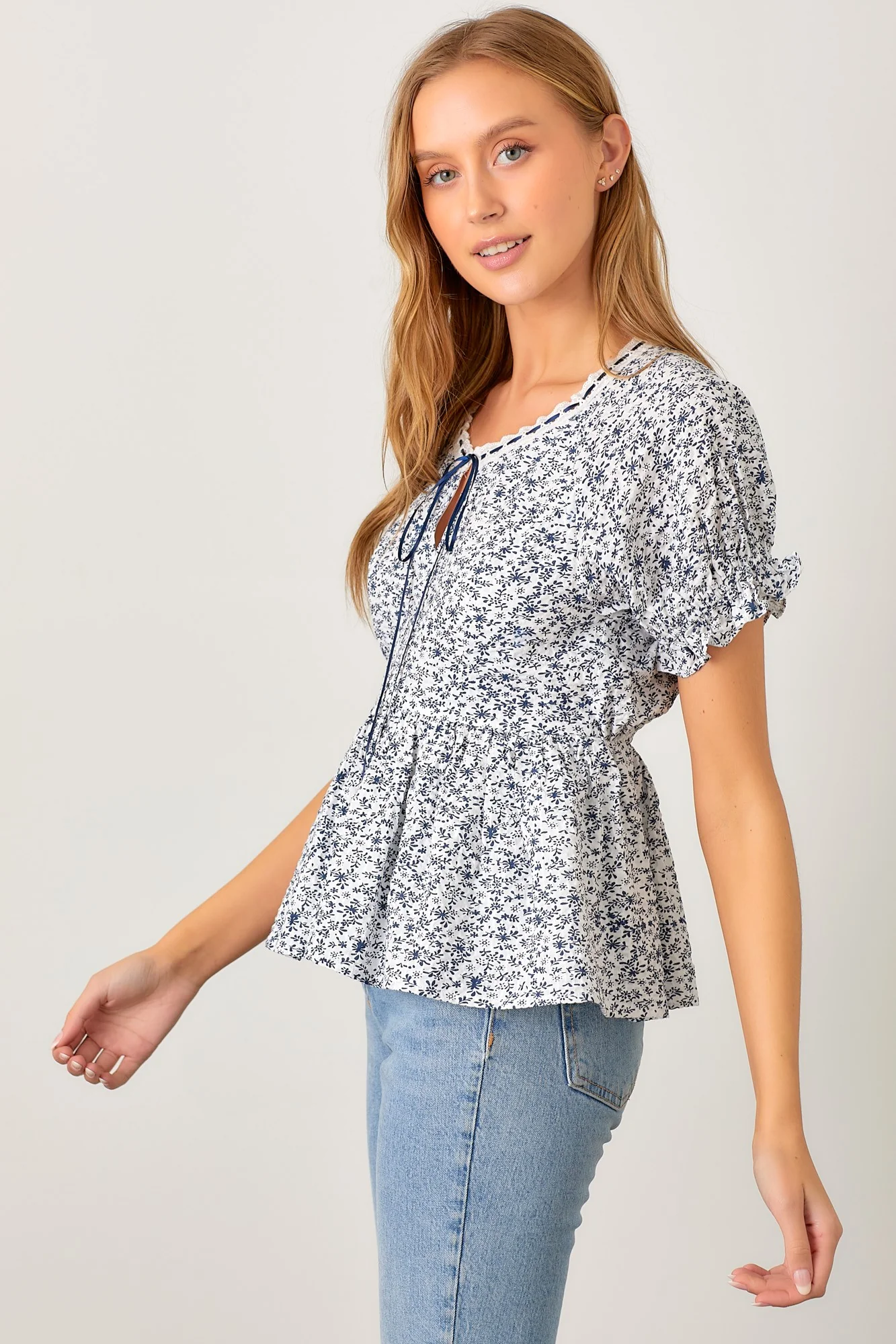 Ivory Navy Ditsy Floral Blouse - Image 2