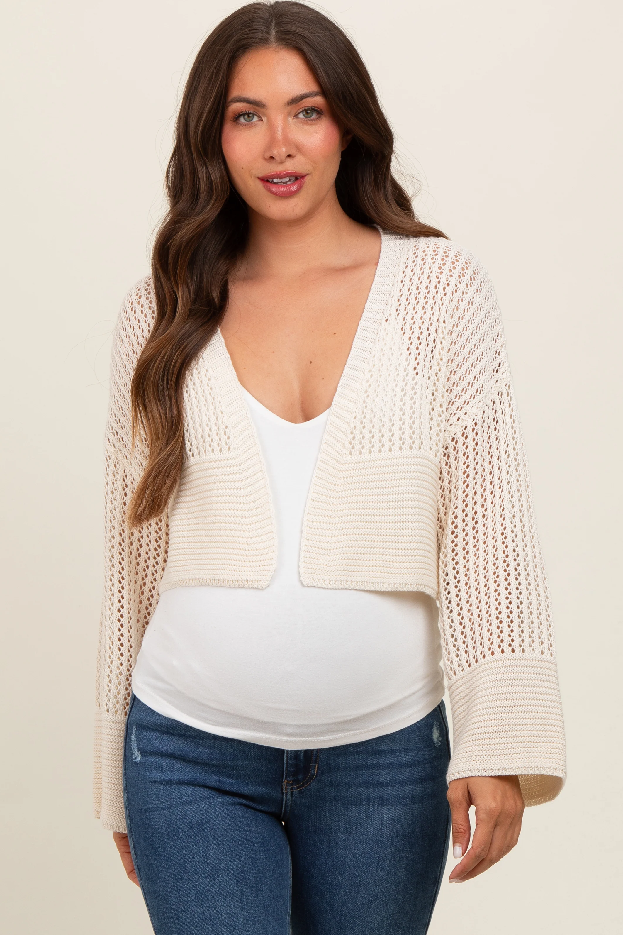 Ivory Open Knit Cropped Maternity Cardigan - Image 2