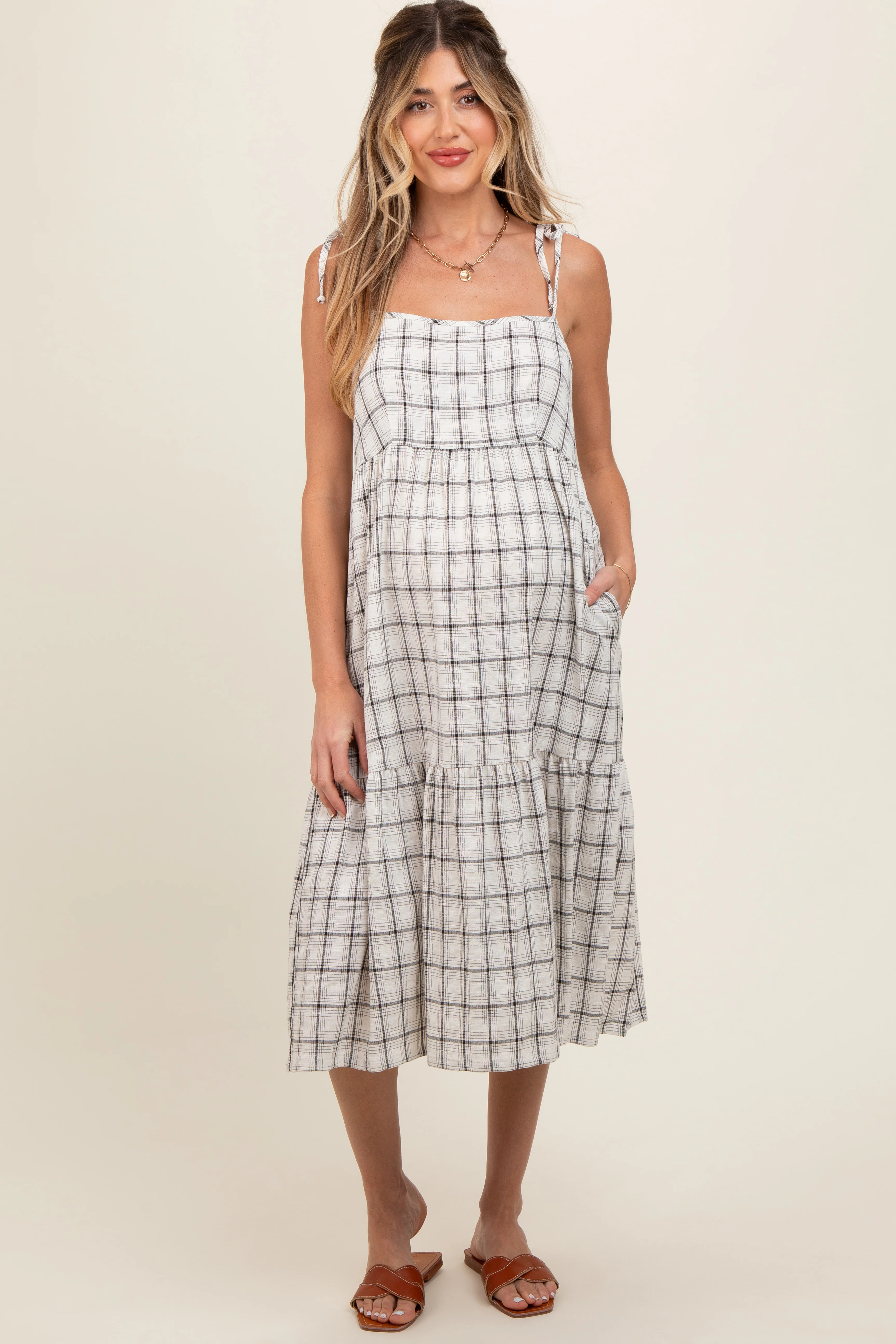 Ivory Plaid Shoulder Tie Maternity Midi Dress - Image 2