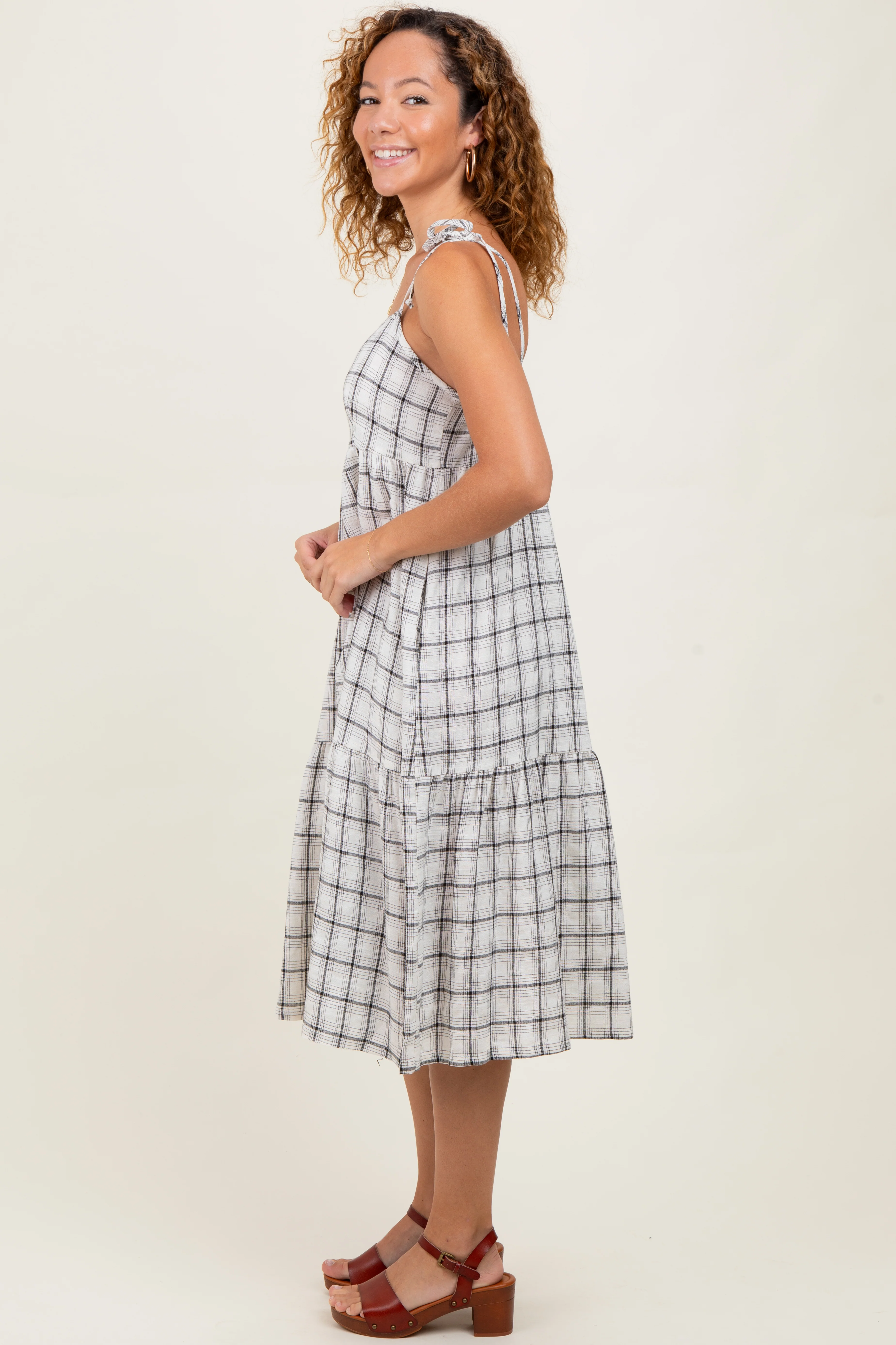 Ivory Plaid Shoulder Tie Midi Dress - Image 3