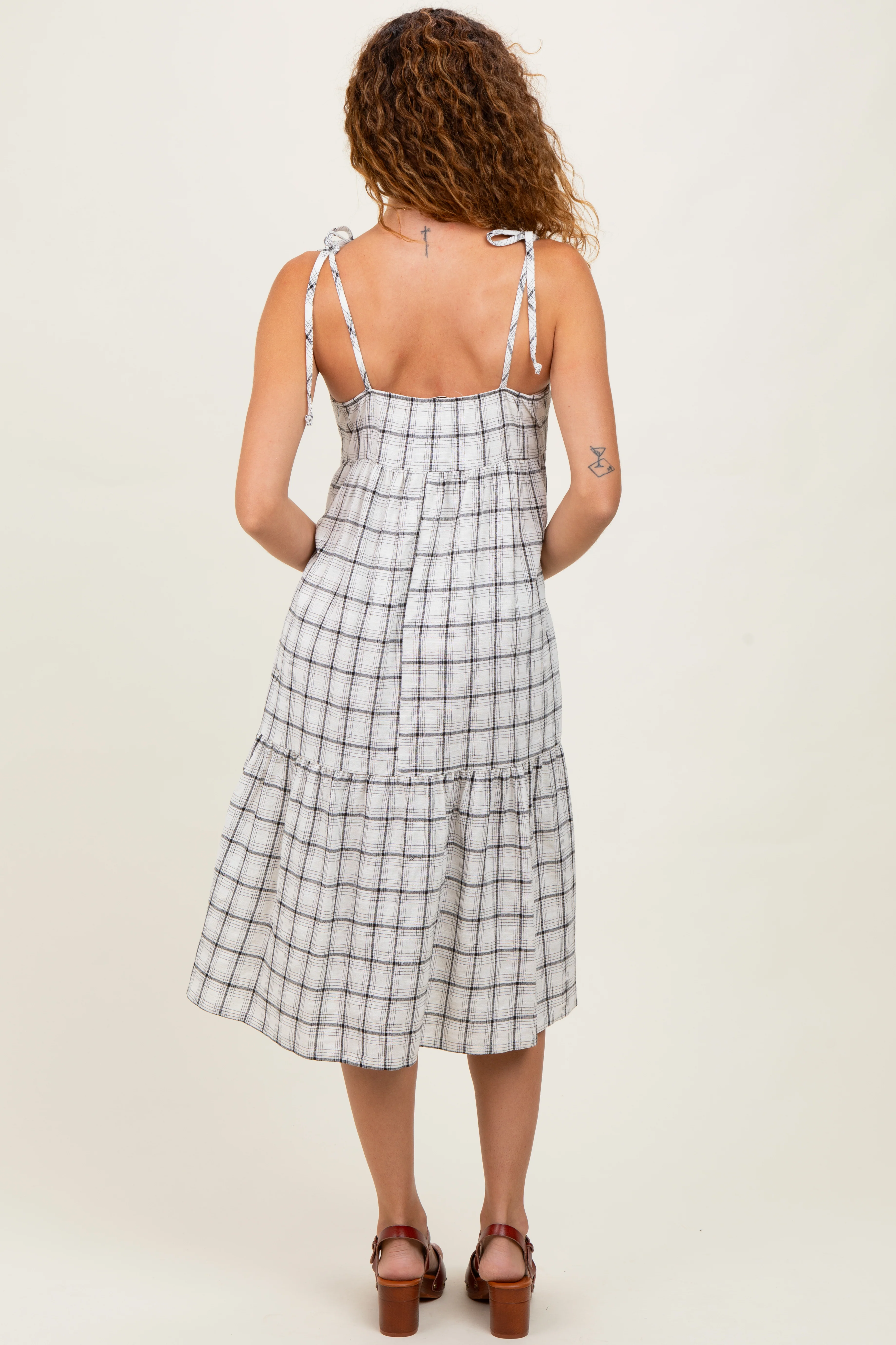 Ivory Plaid Shoulder Tie Midi Dress - Image 4