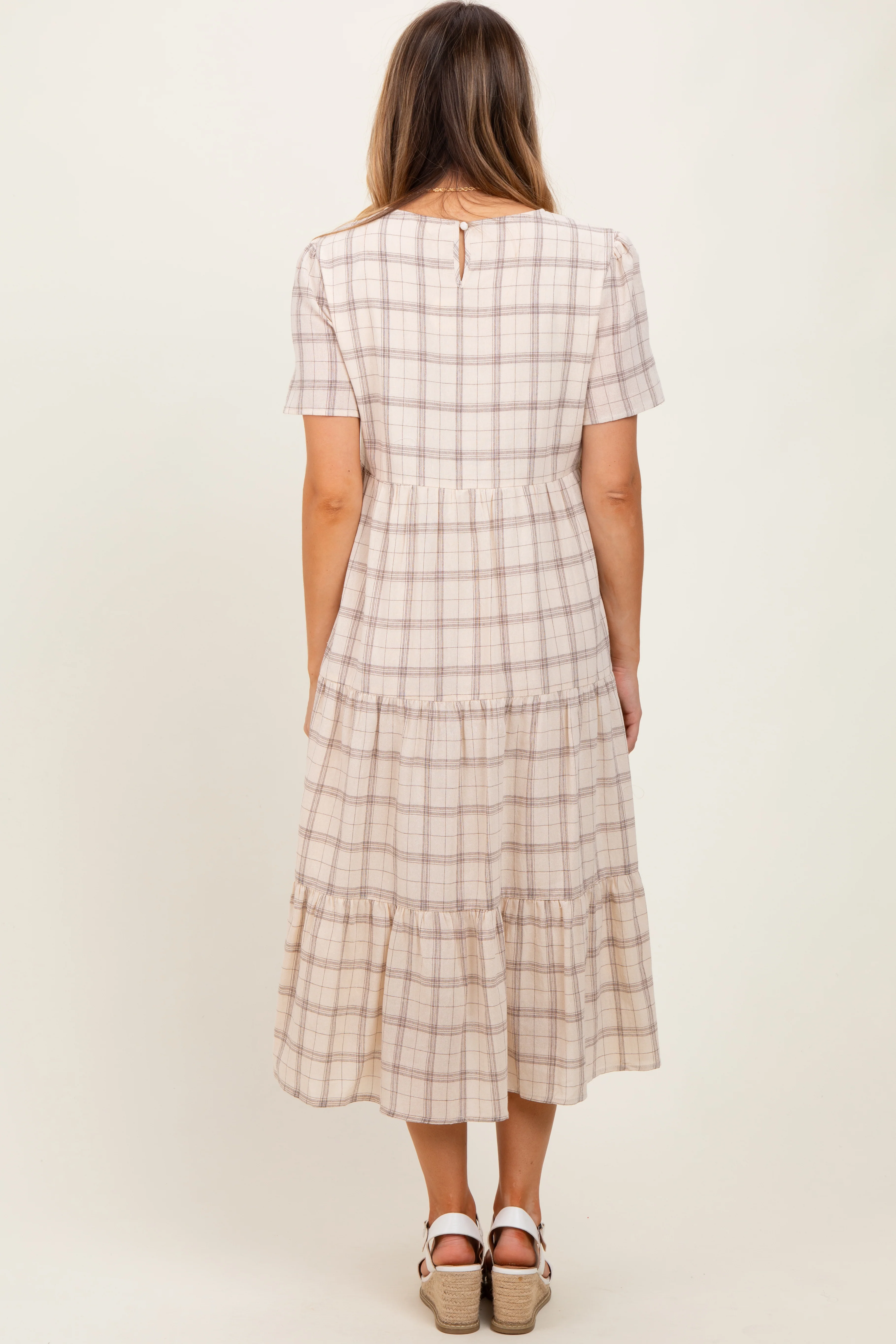 Ivory Plaid Tiered Short Sleeve Dress - Image 3