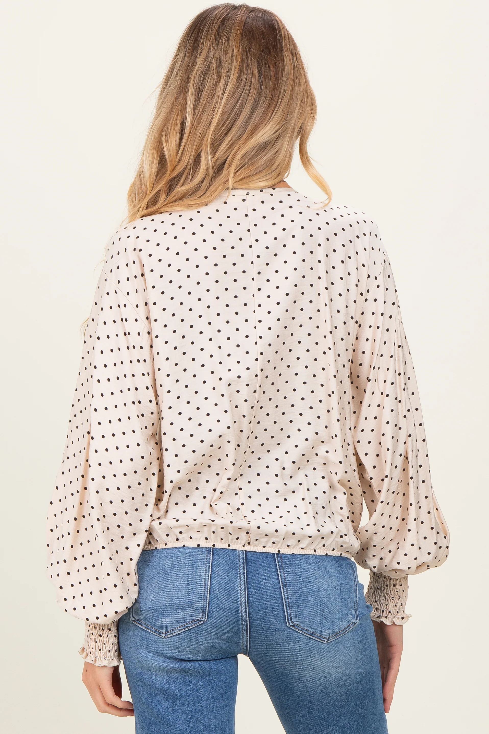 Ivory Polka Dot Long Sleeve Smocked Maternity Top - Image 5