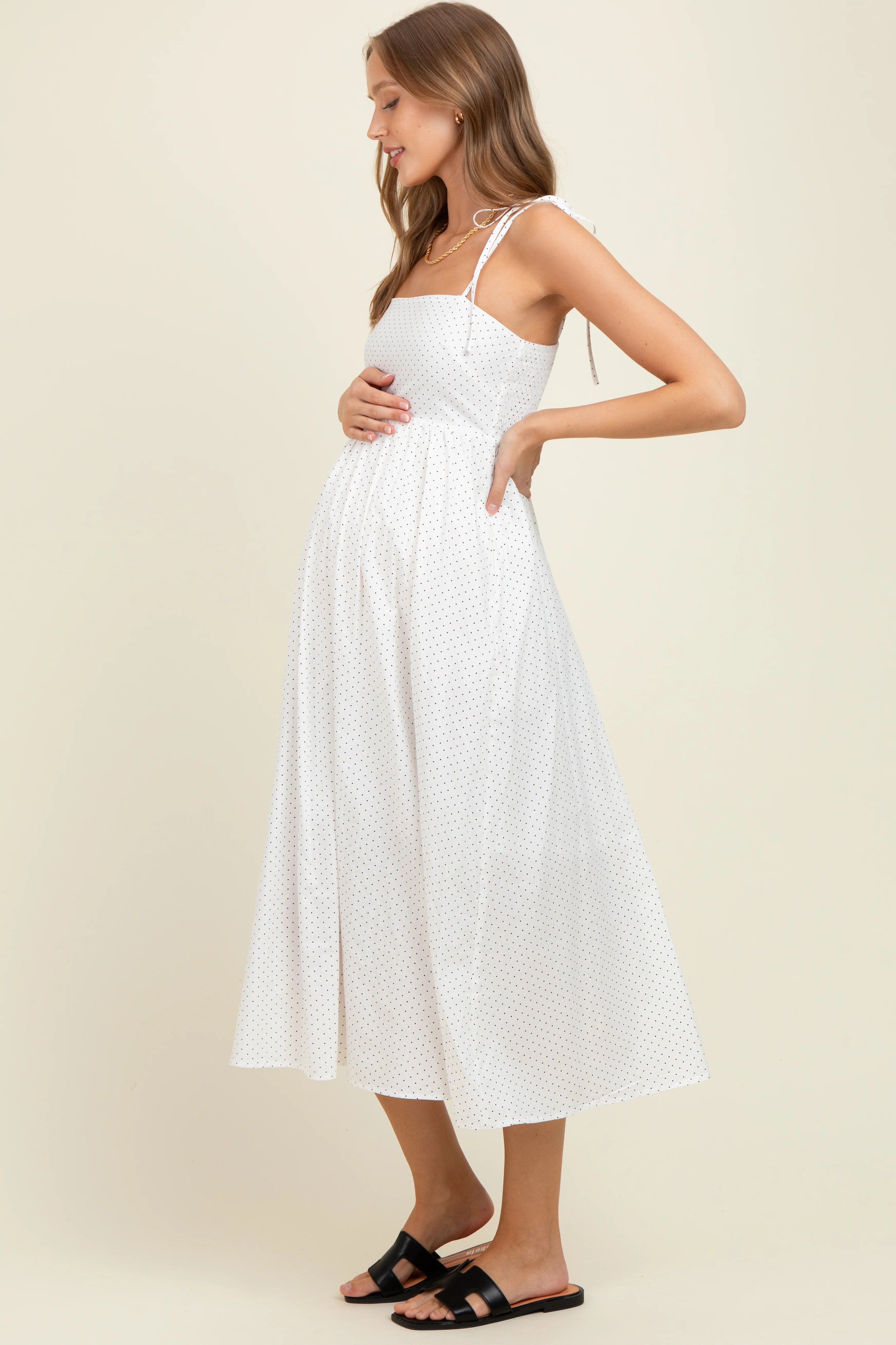 Ivory Polka Dot Shoulder Tie Maternity Midi Dress - Image 4