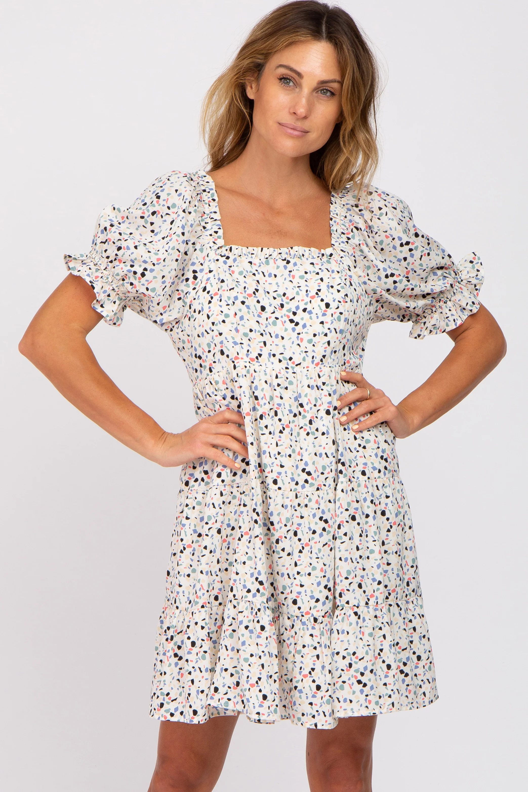 Ivory Printed Puff Sleeve Maternity Tiered Dress - Image 5