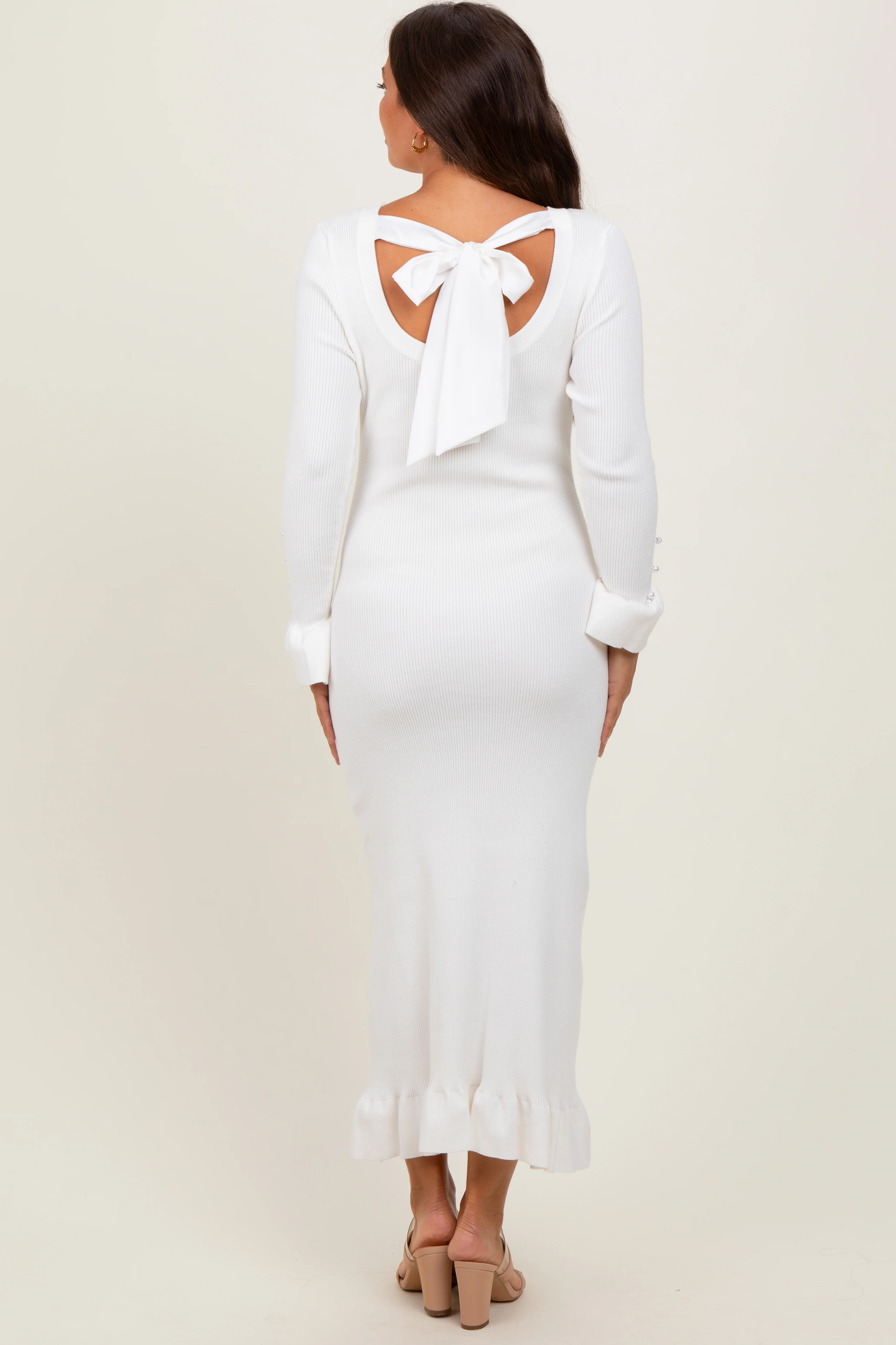 Ivory Ribbed Knit Bow Back Maternity Maxi Dress - Image 4
