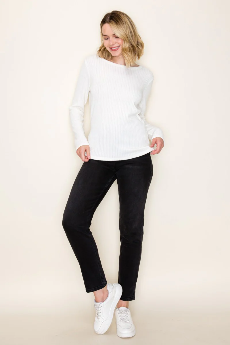 Ivory Ribbed Knit Long Sleeve Top - Image 4