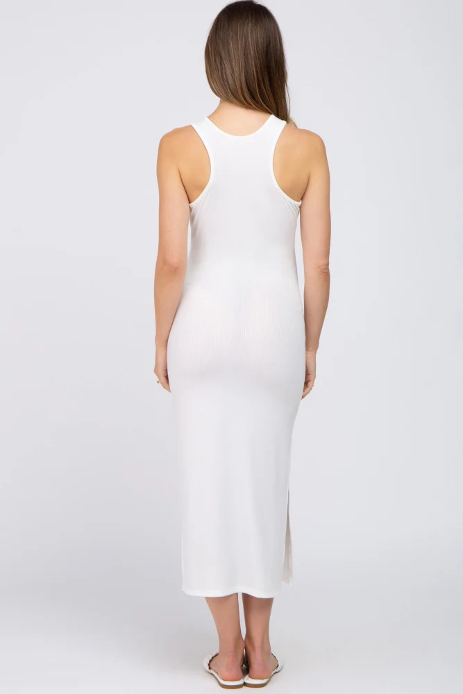 Ivory Ribbed Side Slit Maternity Midi Dress - Image 3