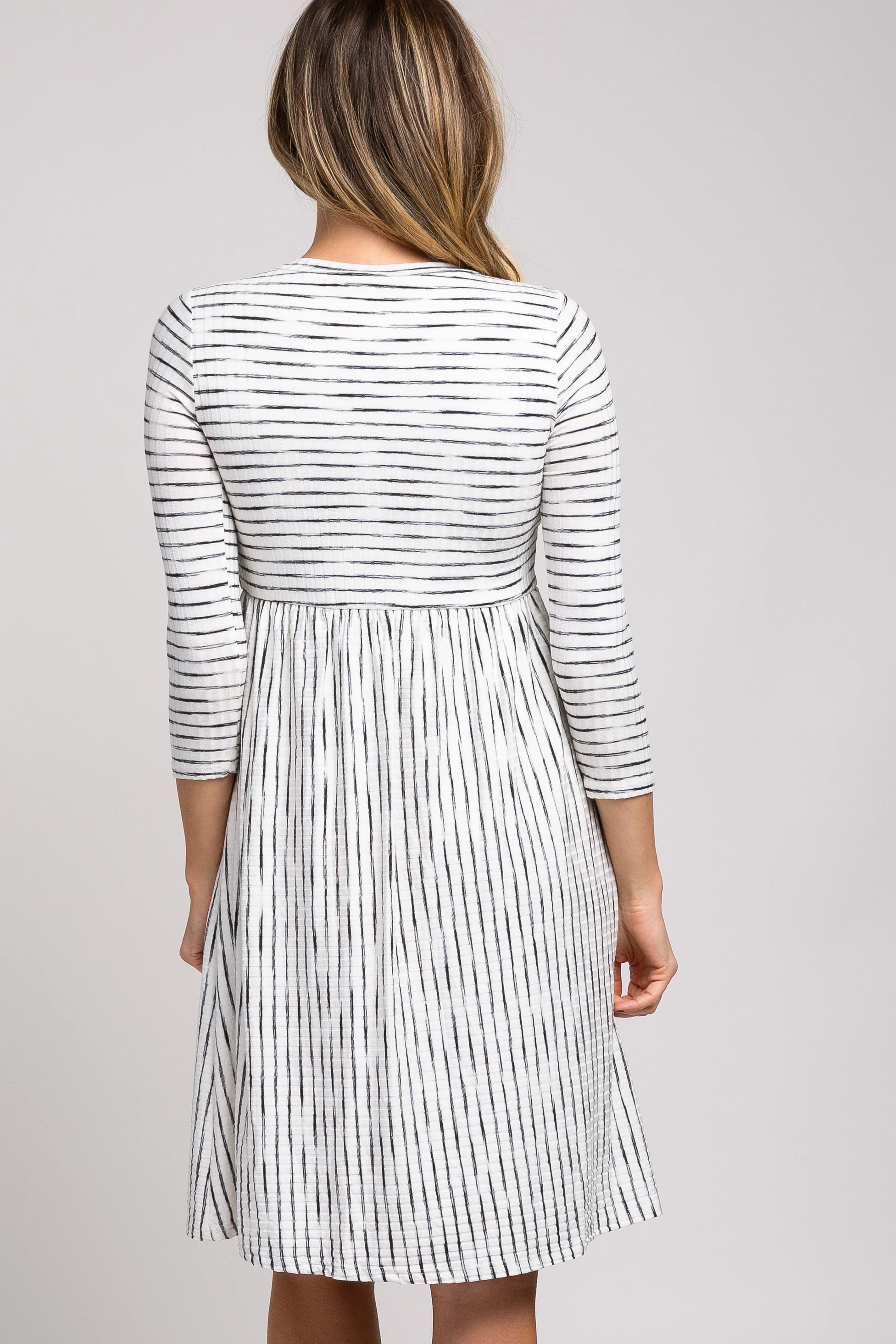 Ivory Ribbed Striped Pleated Midi Dress - Image 4