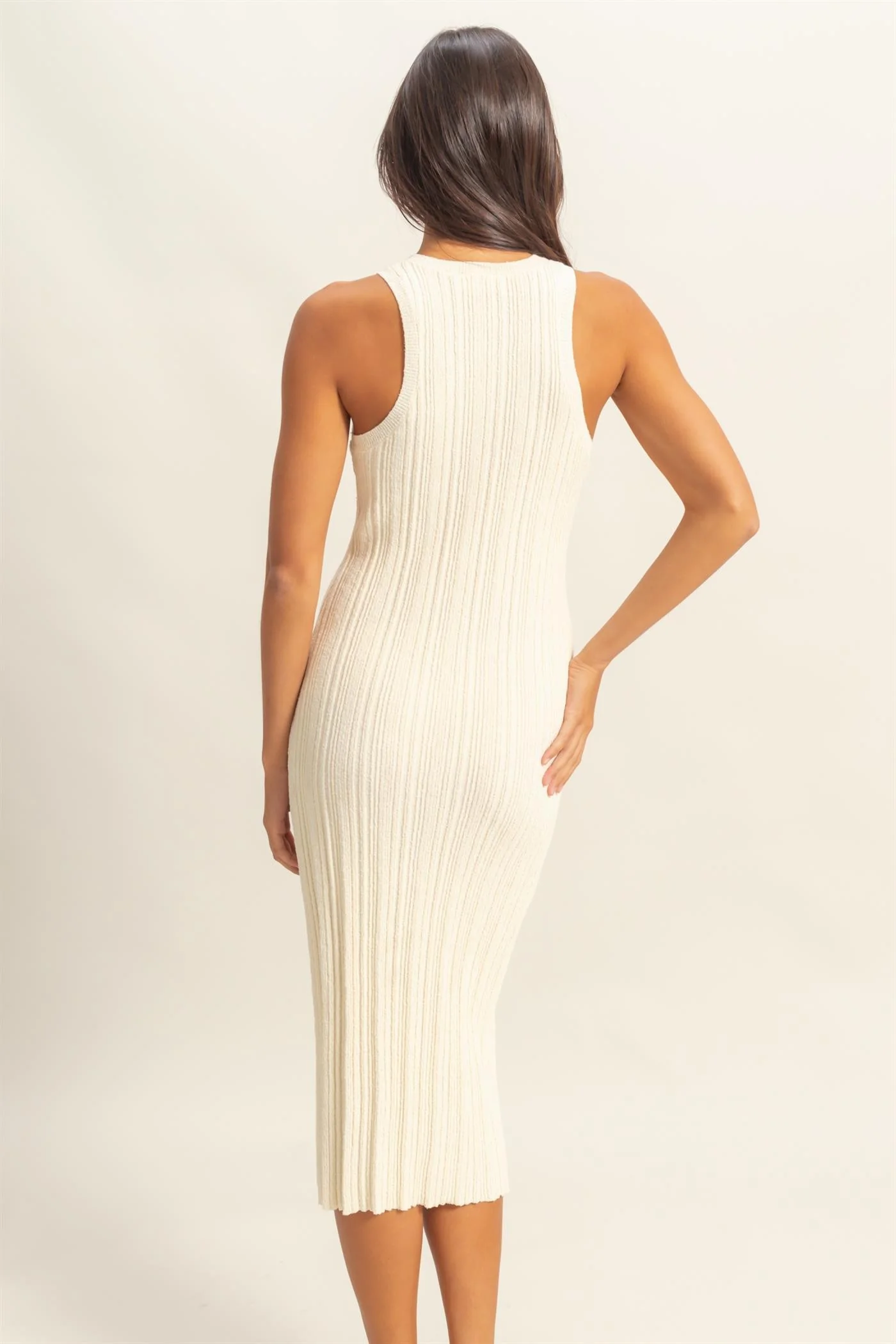 Ivory Round Neck Bodycon Ribbed Knit Midi Dress - Image 4