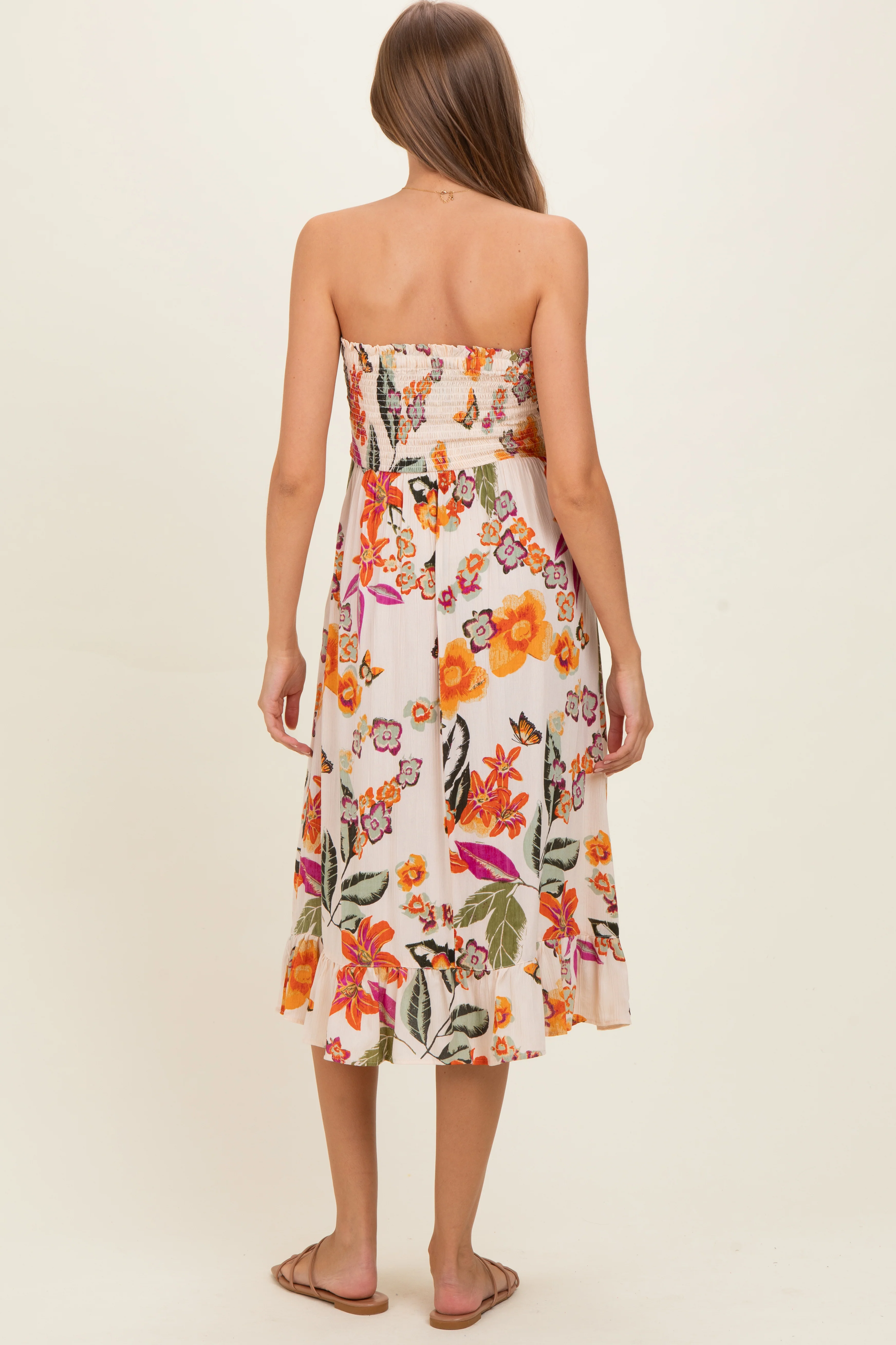 Ivory Smocked Bodice Strapless Printed Maternity Midi Dress - Image 3