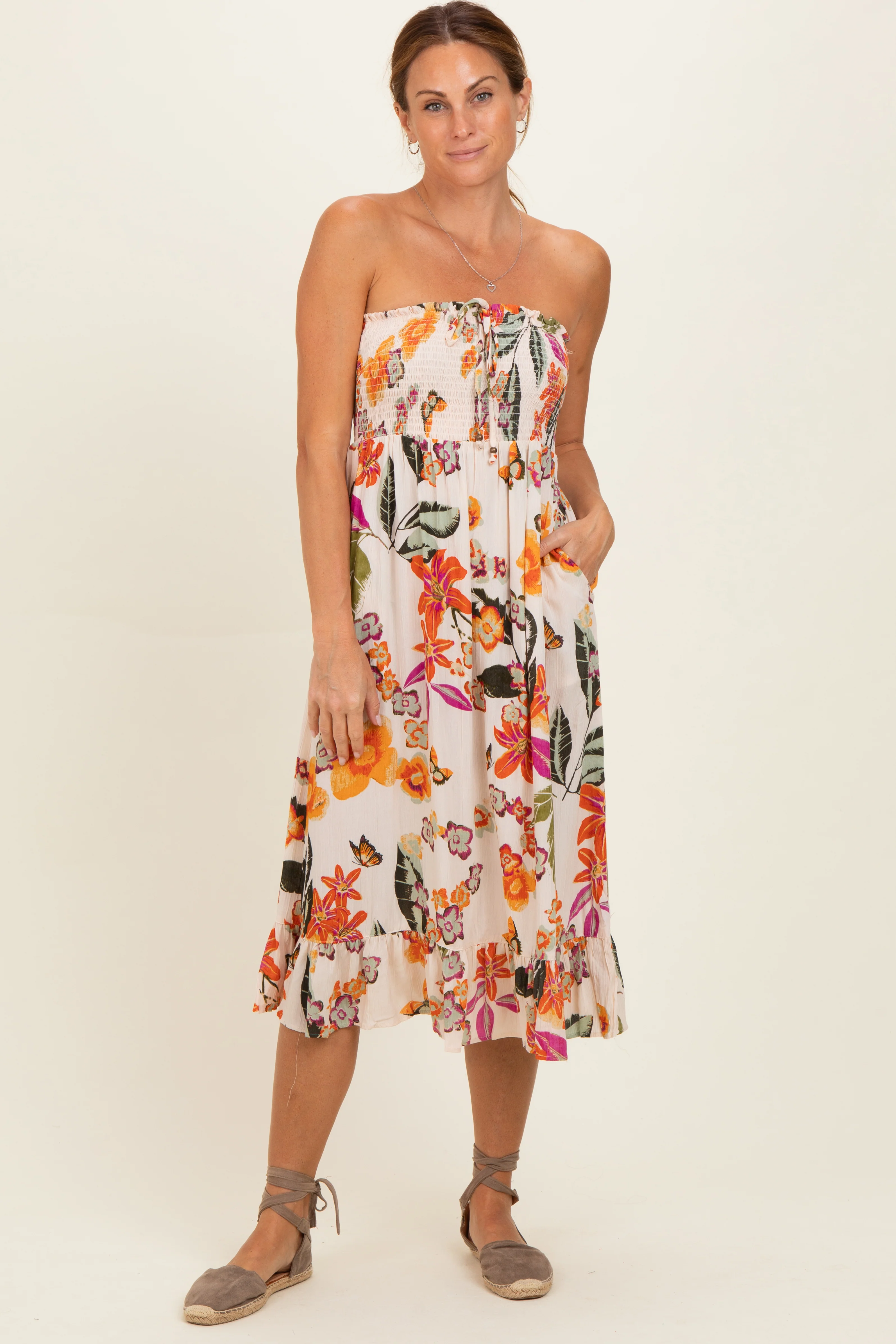 Ivory Smocked Bodice Strapless Printed Maternity Midi Dress - Image 4