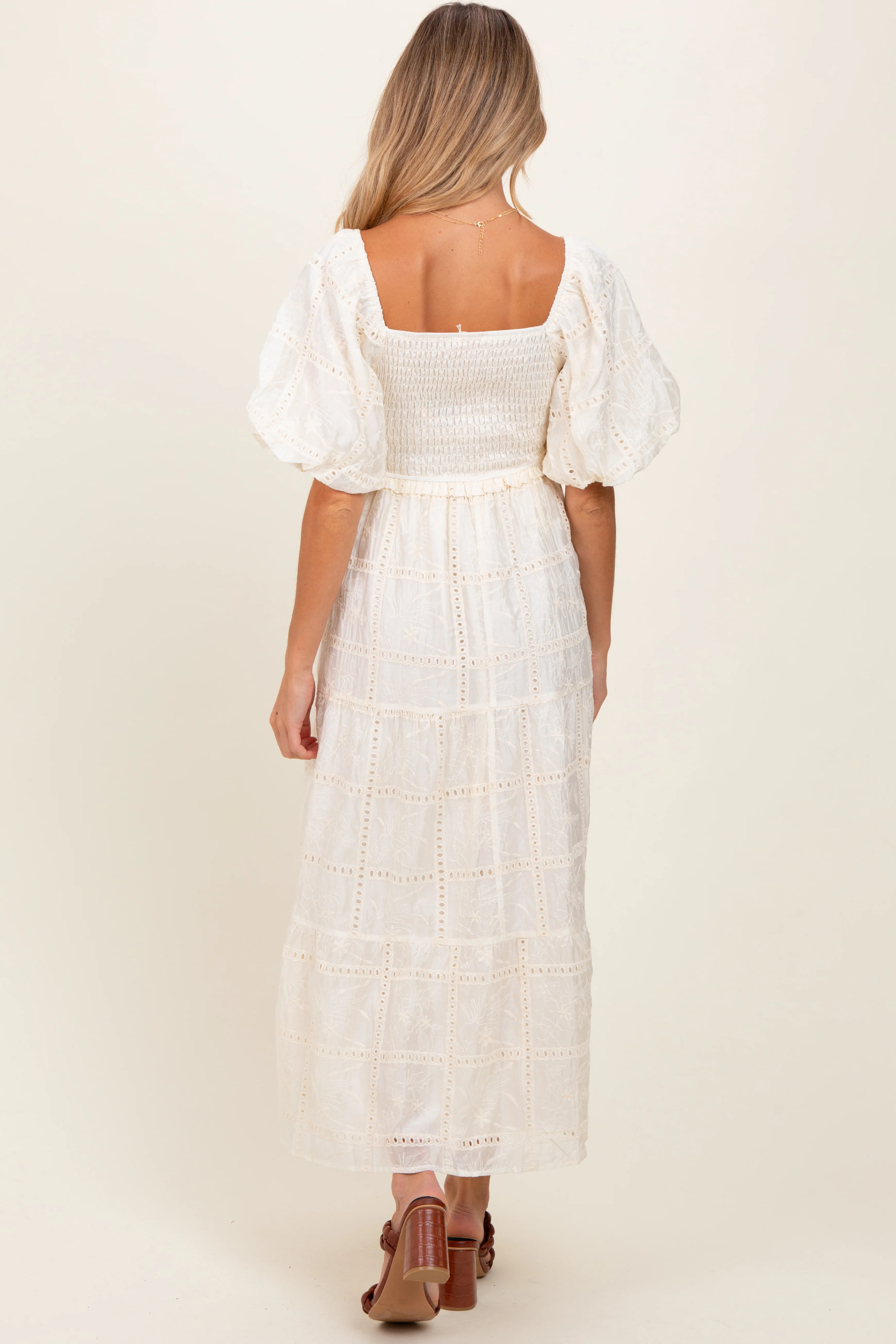 Ivory Smocked Puff Sleeve Maternity Maxi Dress - Image 3