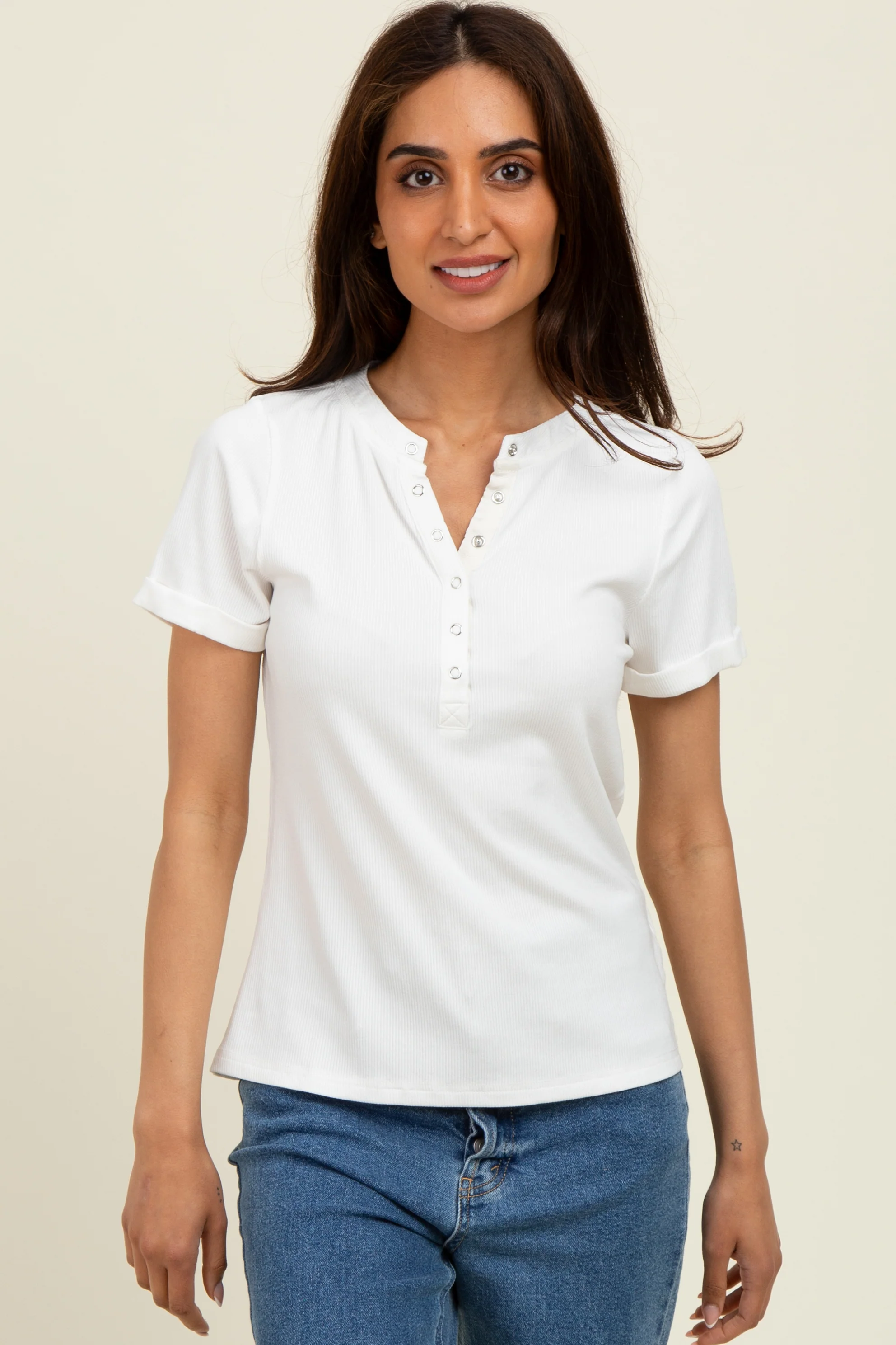 Ivory Snap Button Short Sleeve Top - Image 2