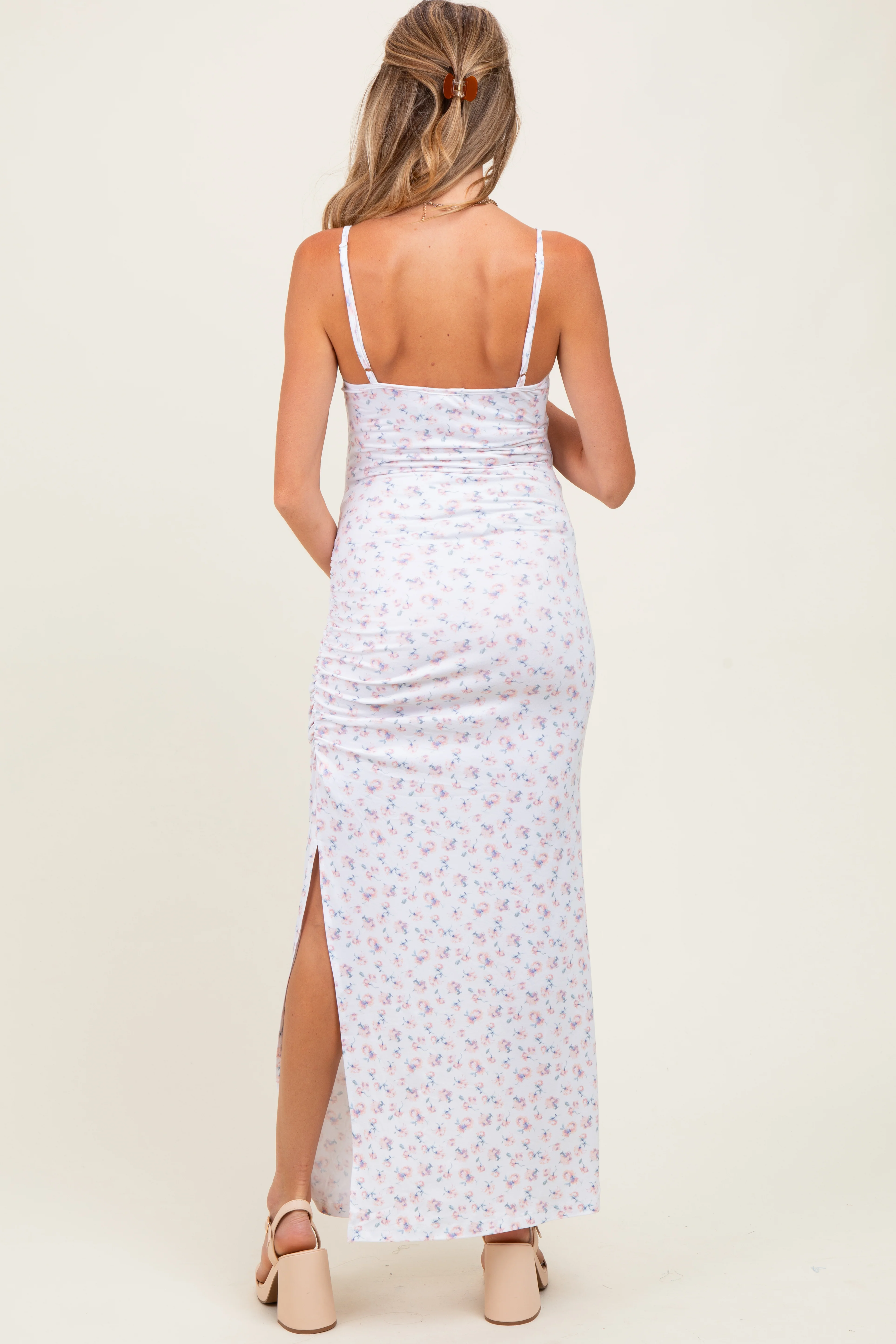 Ivory Spring Floral Print Sleeveless Maternity Dress - Image 3