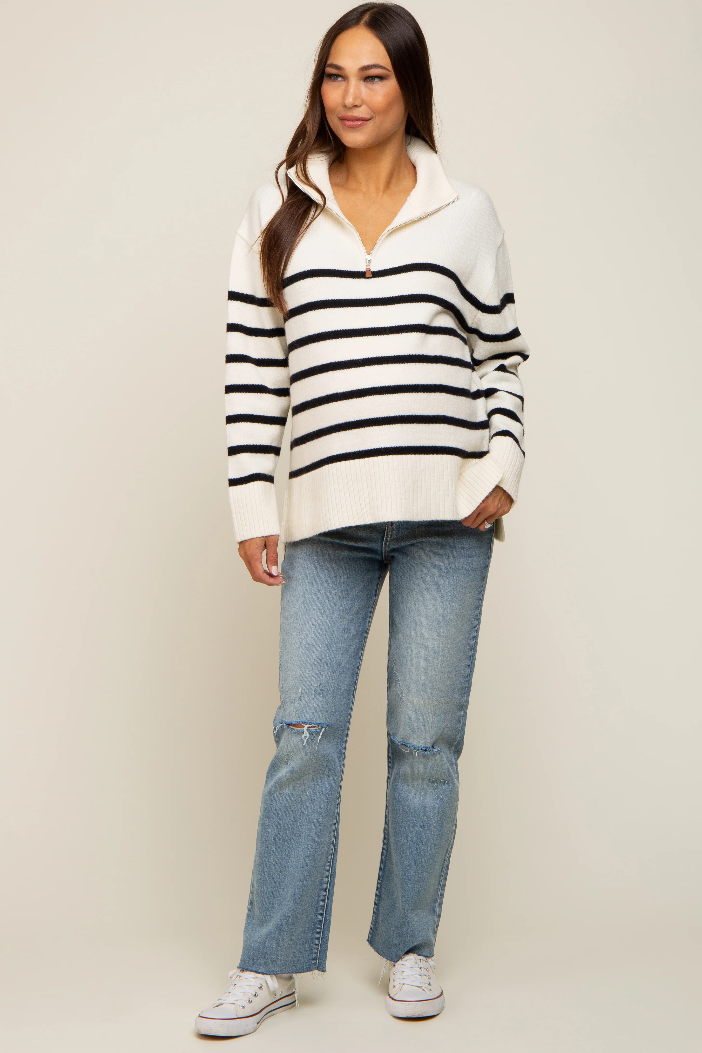 Ivory Striped Half Zip Maternity Sweater - Image 6