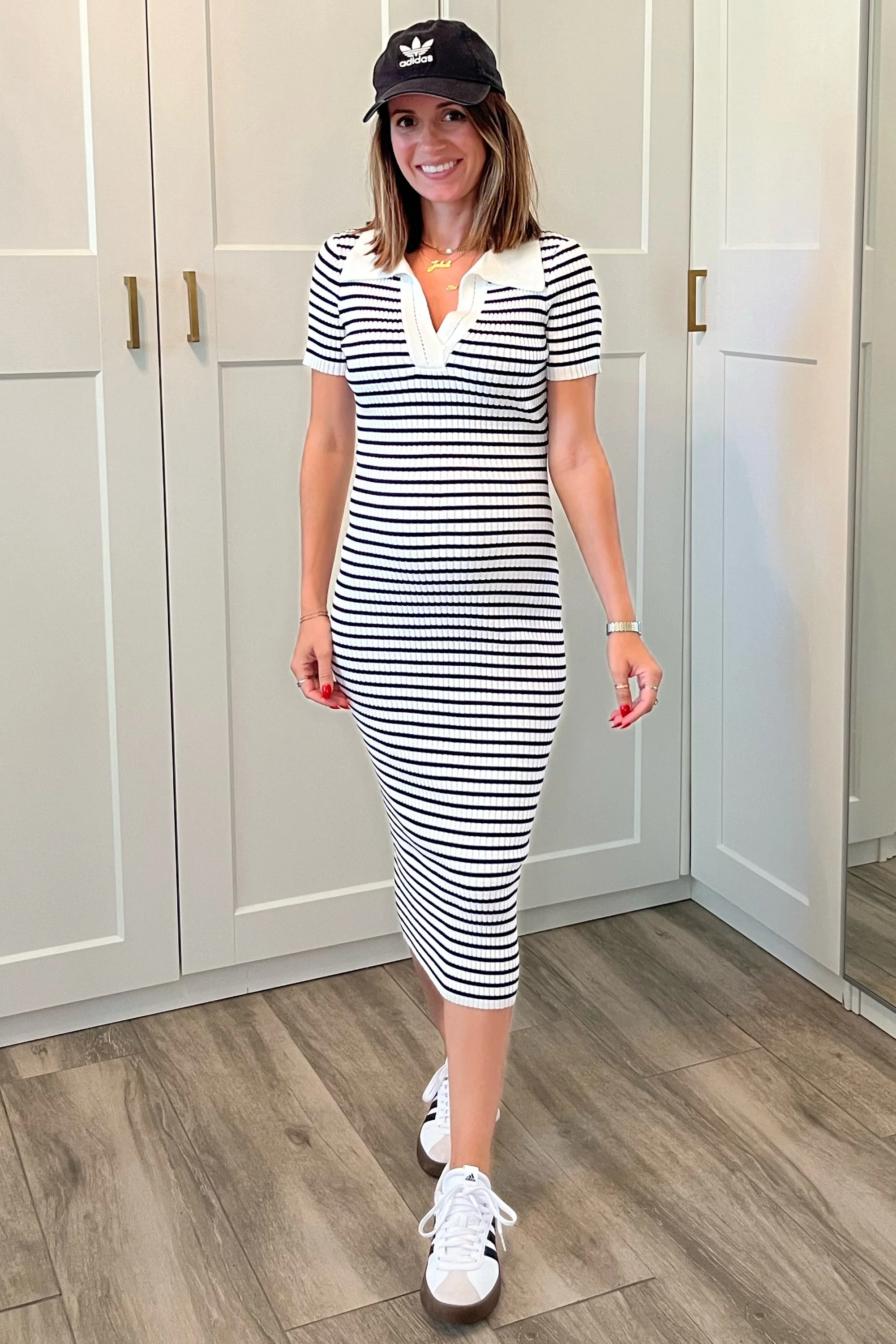 Ivory Striped Knit Collared Maternity Midi Dress - Image 5