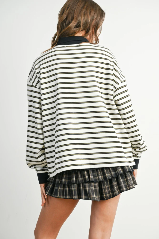 Ivory Striped Long Sleeve Polo Top - Image 4