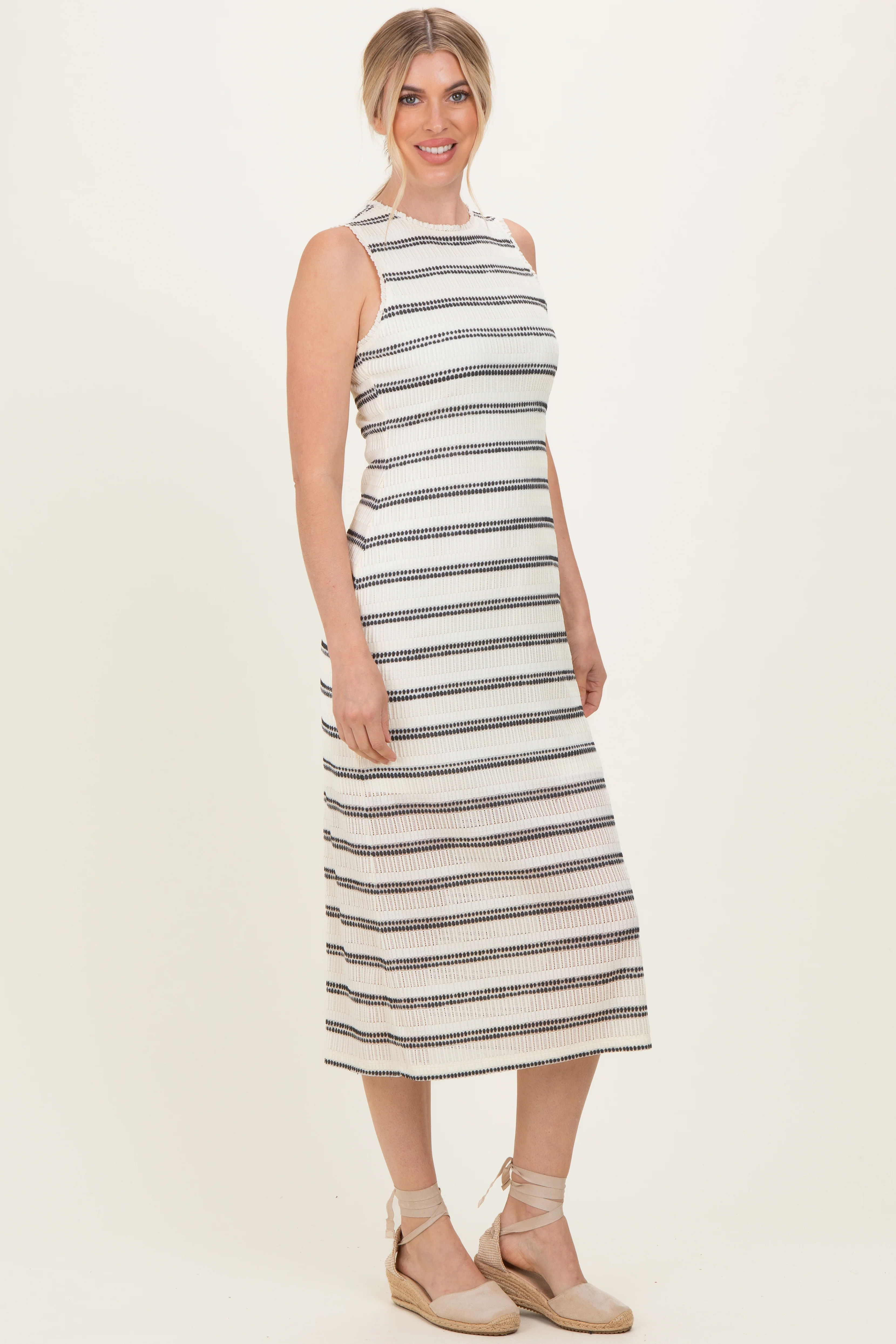 Ivory Striped Mesh Sleeveless Midi Dress - Image 4