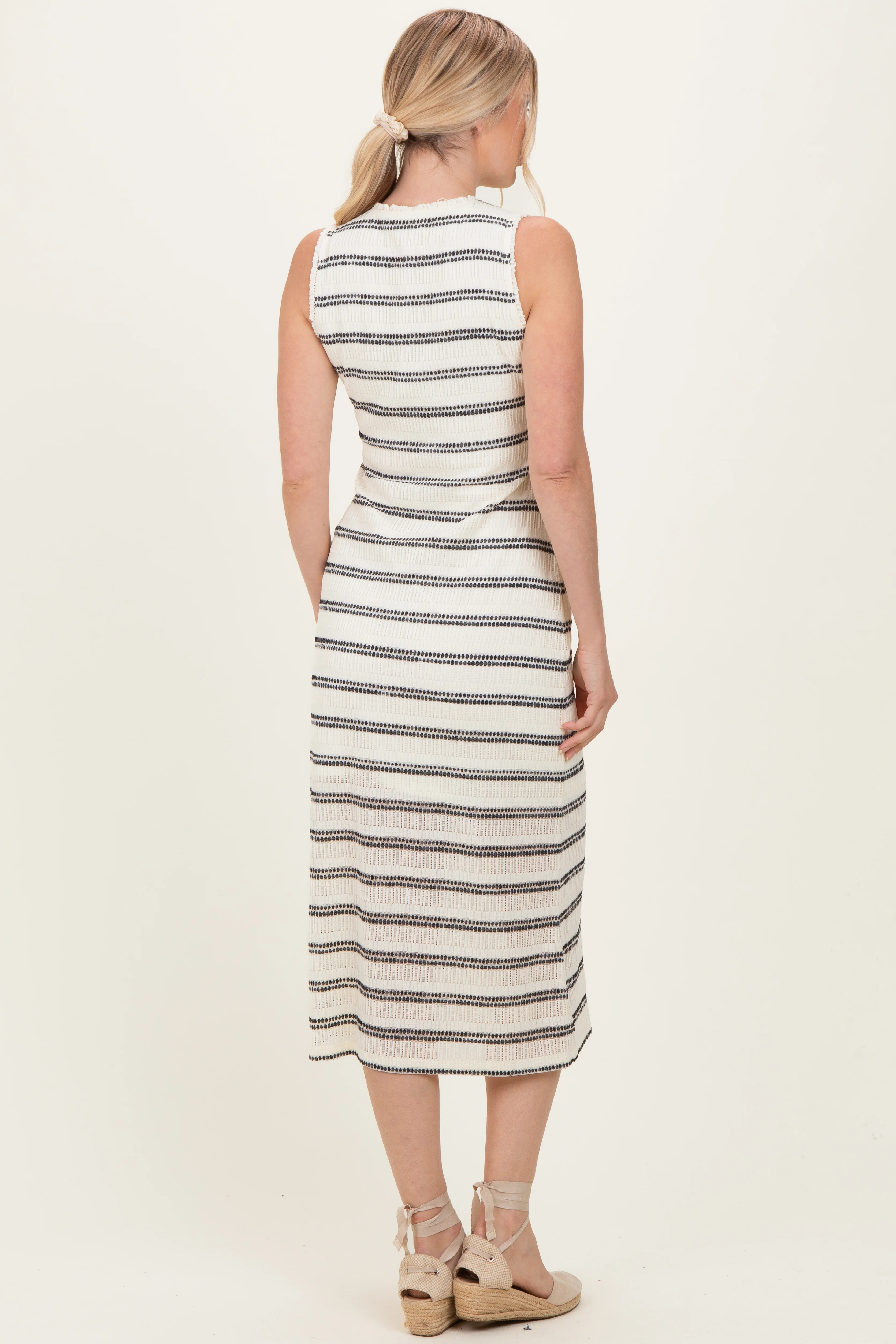 Ivory Striped Mesh Sleeveless Midi Dress - Image 5