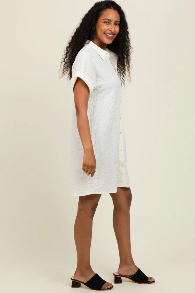 Ivory Textured Short Sleeve Button Down Shirt Dress - Image 3