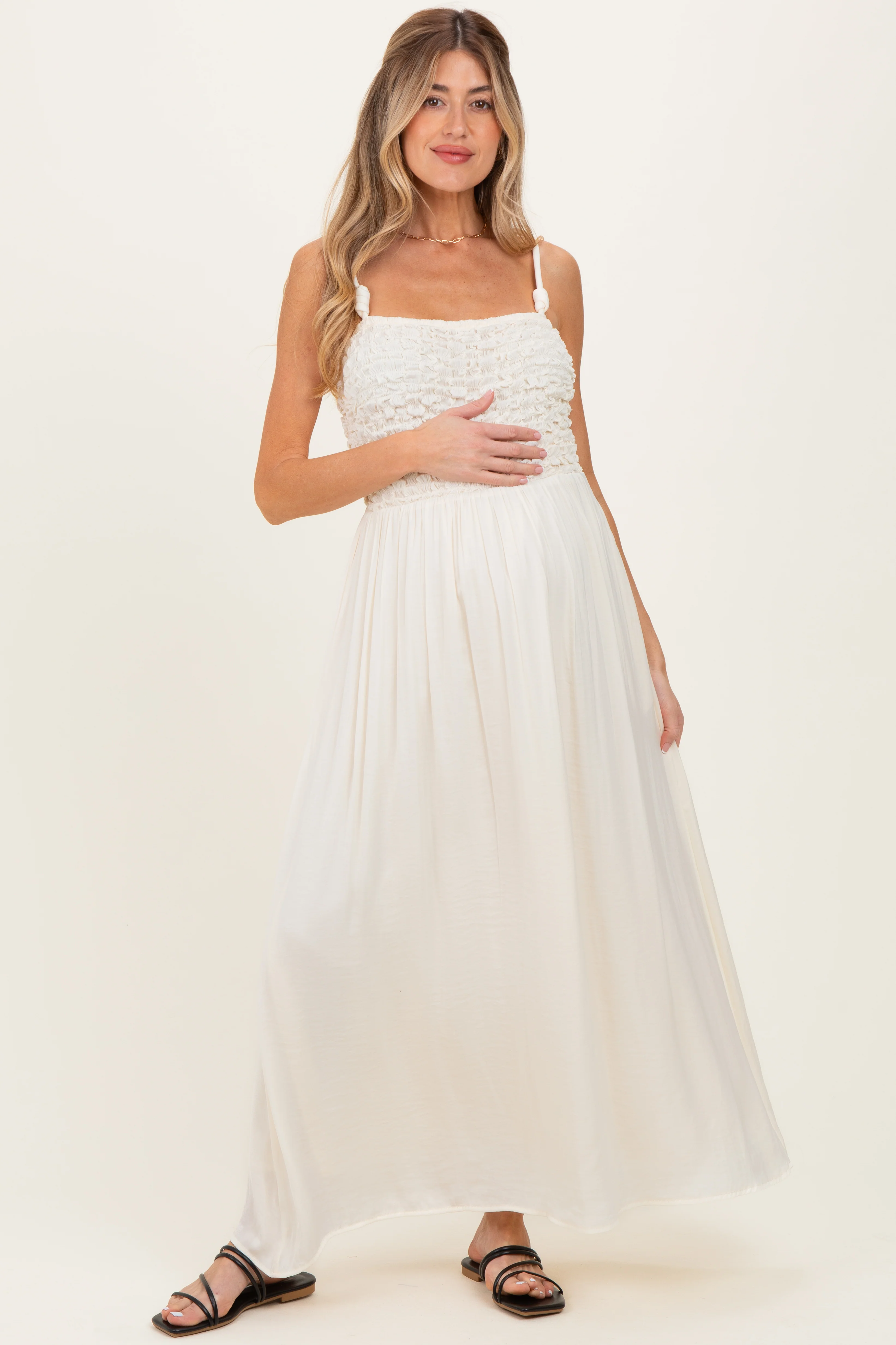 Ivory Textured Smocked Maternity Maxi Dress - Image 3