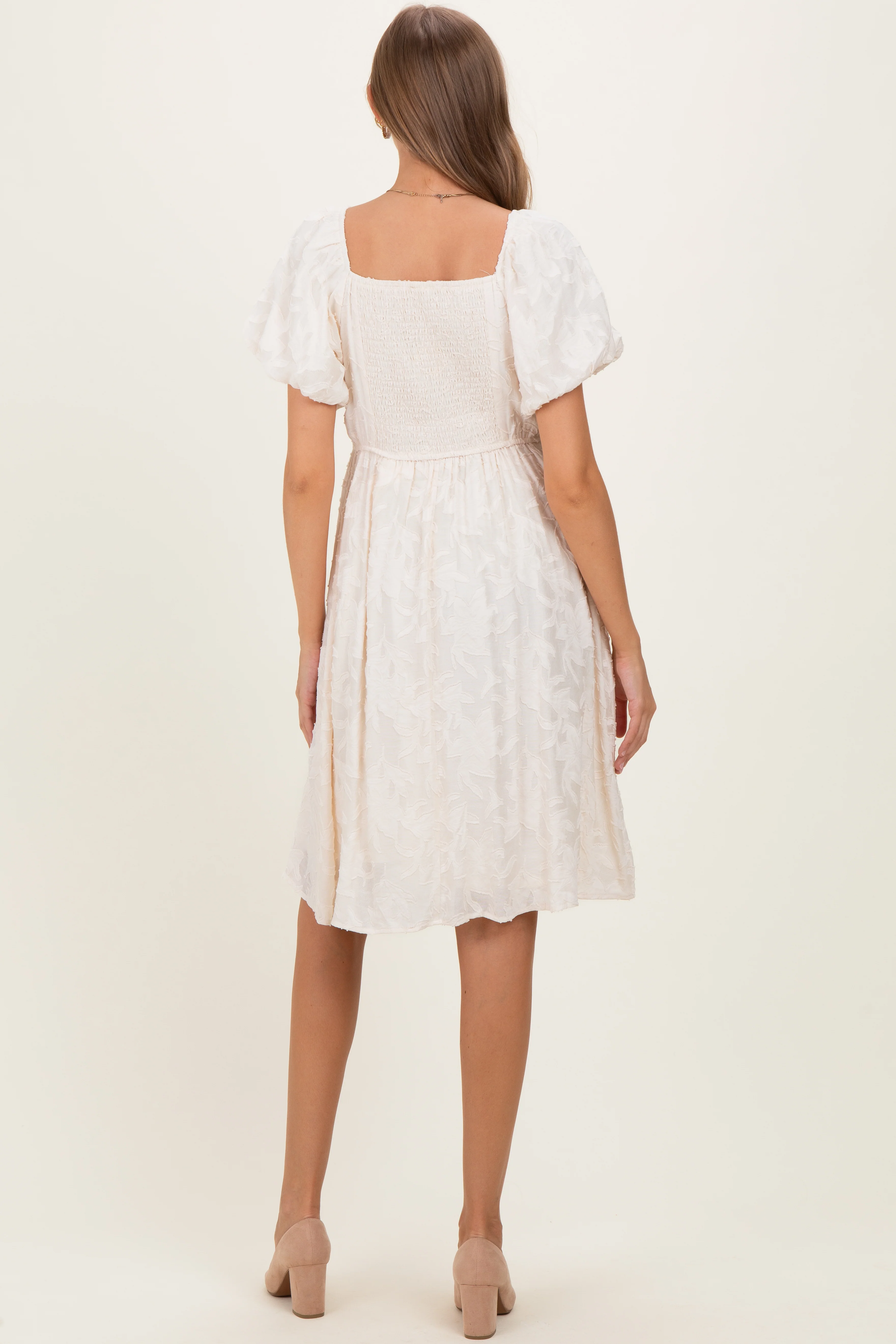 Ivory Textured Sweetheart Neck Maternity Dress - Image 3