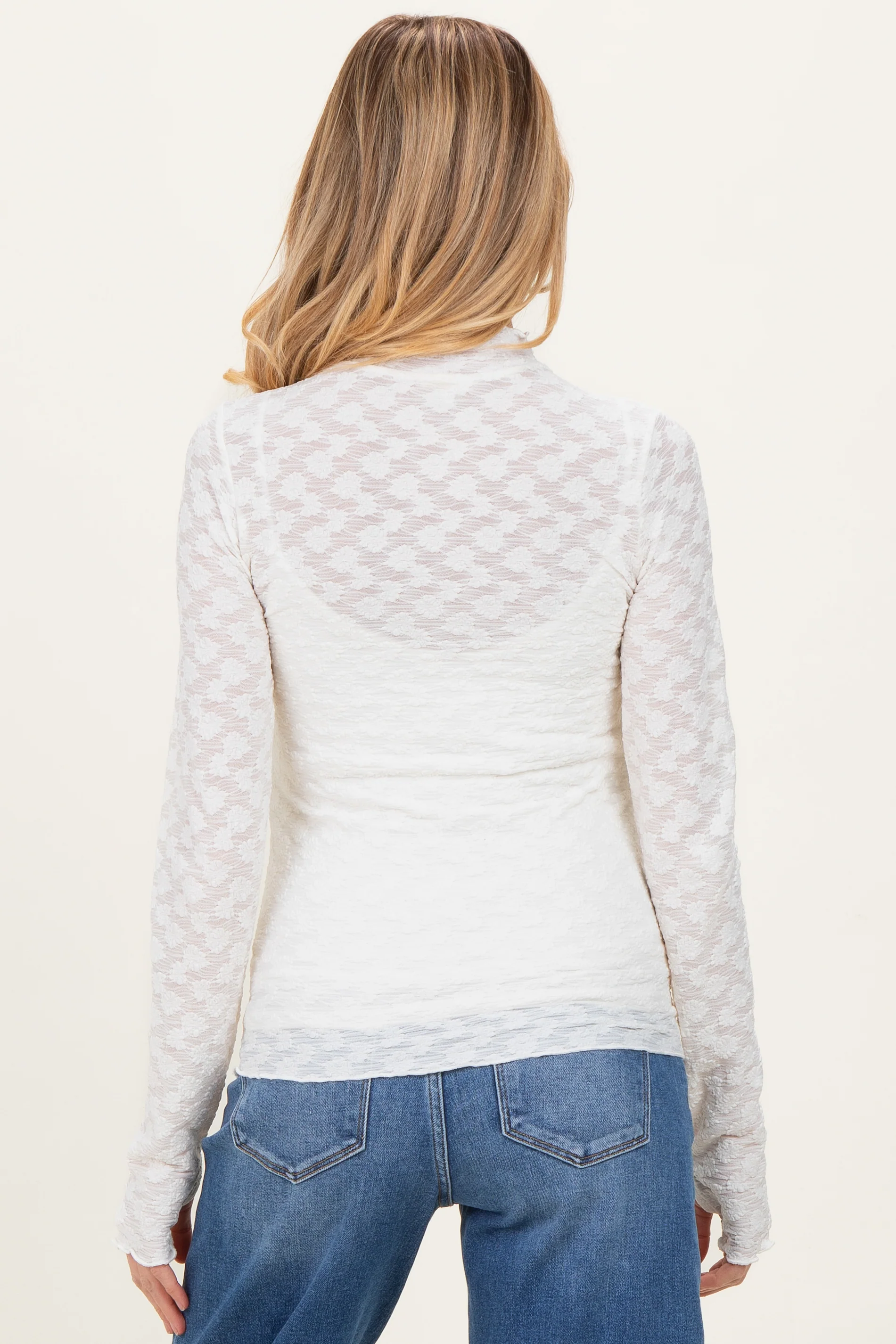 Ivory Thumbhole Sleeves Mock Neck Lace Maternity Top - Image 4