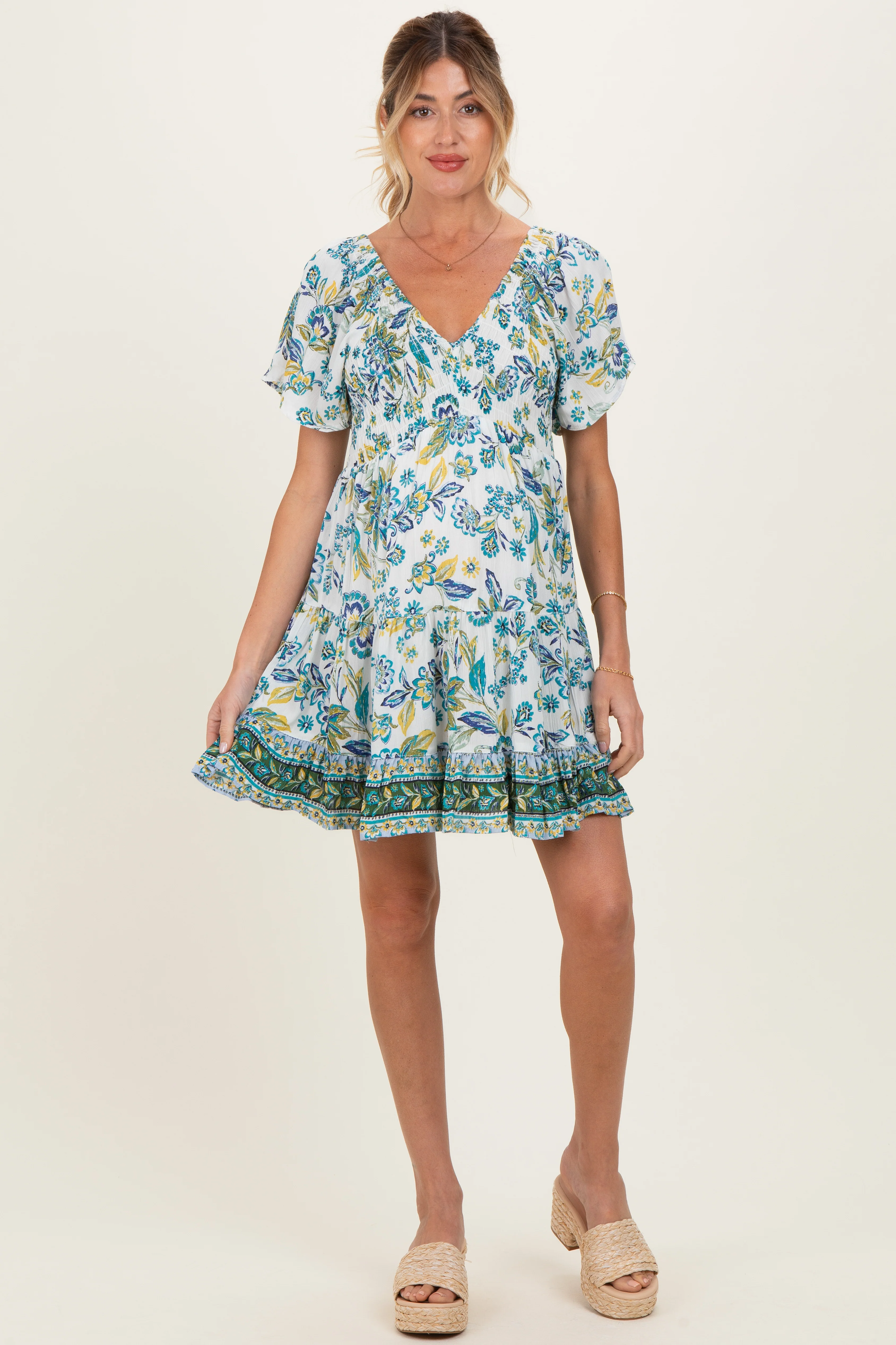 Ivory V Neck Smocked Bodice Short Sleeve Maternity Dress