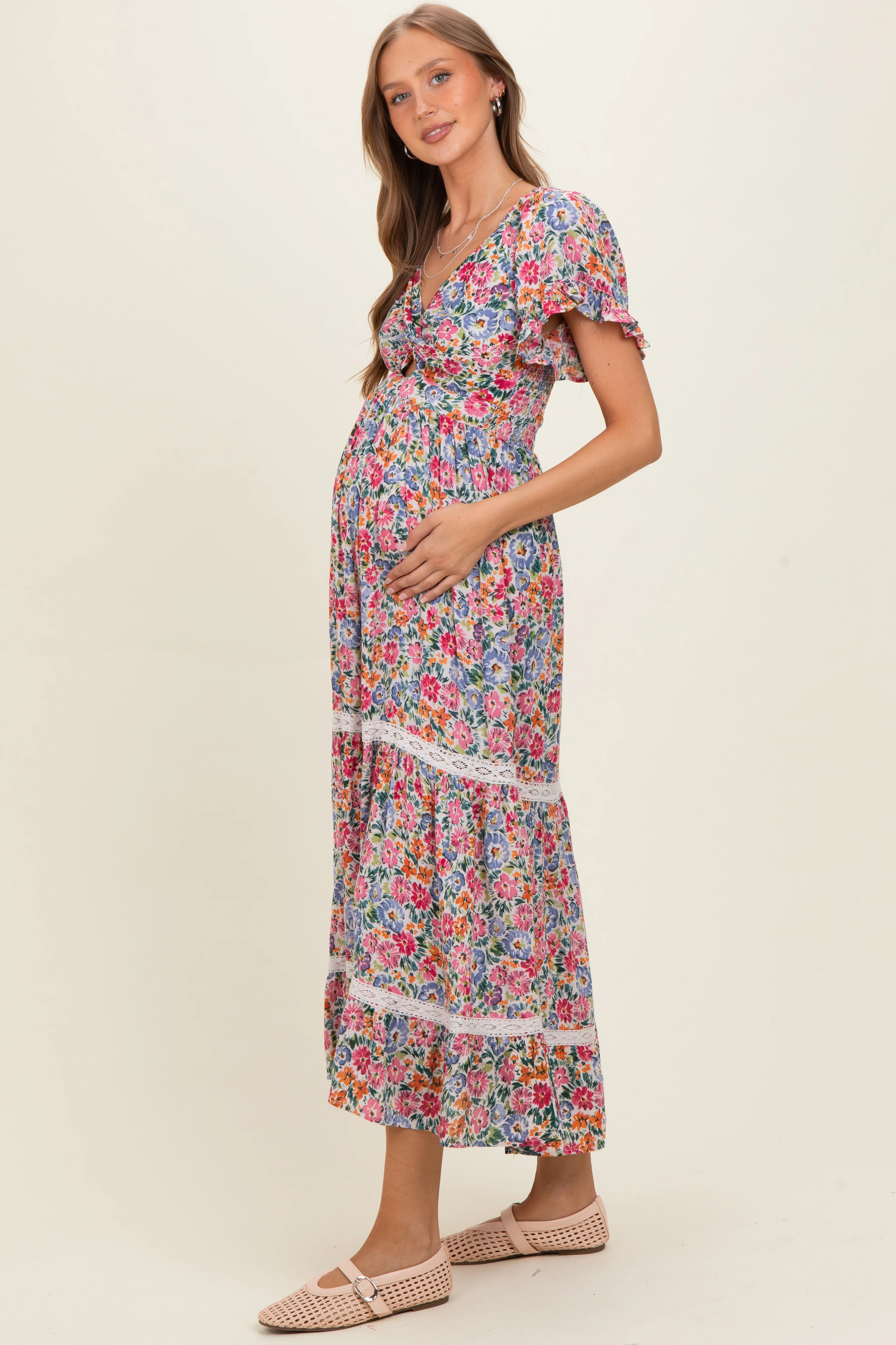 Ivory V Neck Twist Front Cut Out Floral Print Maternity Maxi Dress - Image 2