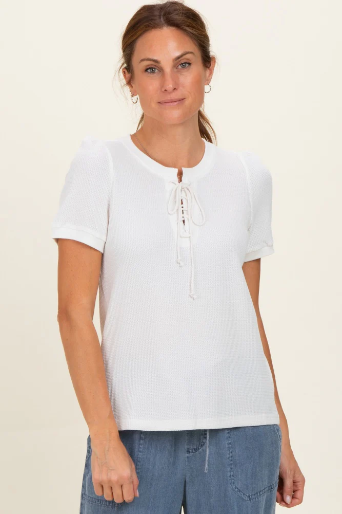 Ivory Waffle Knit Lace-Up Top - Image 6