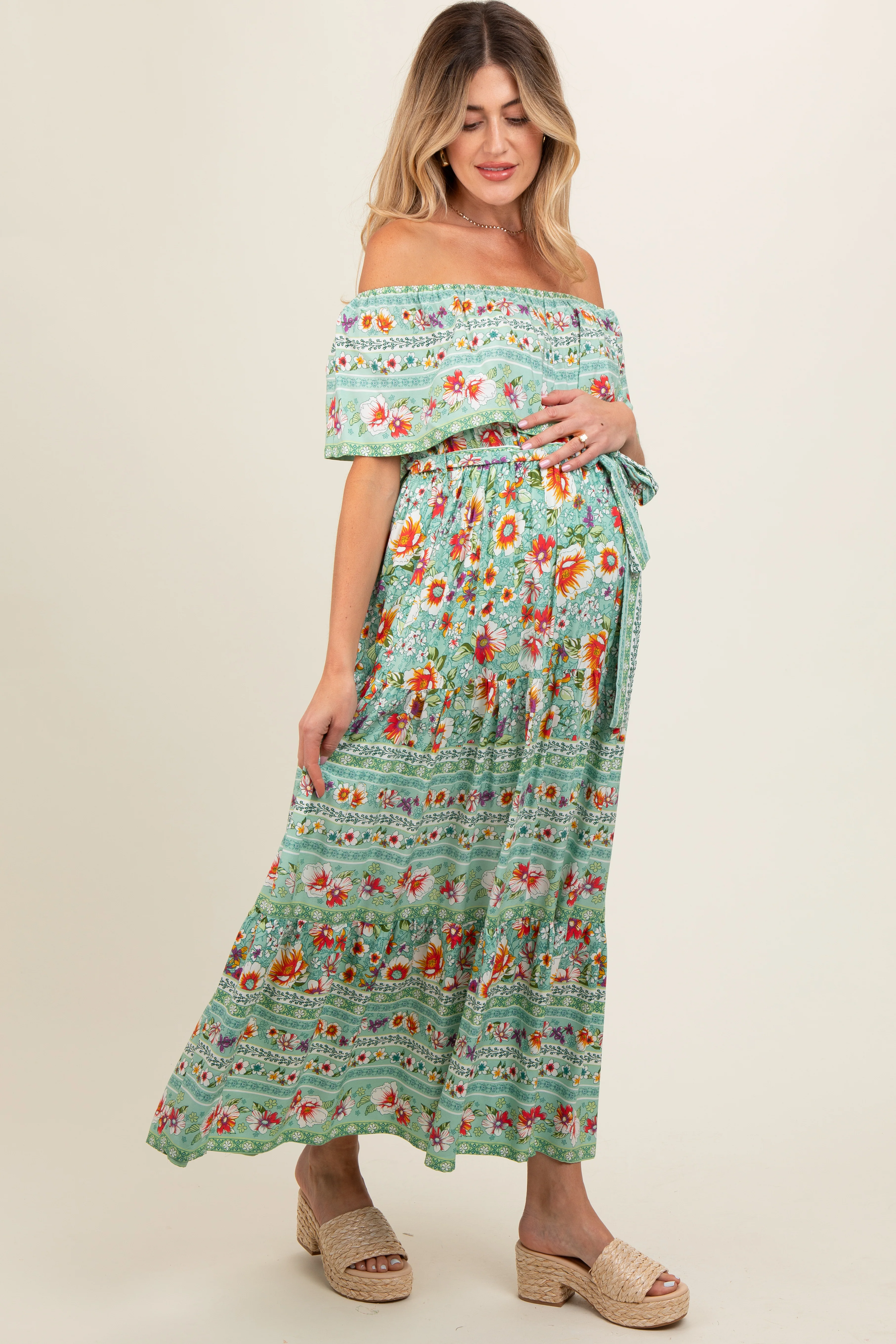 Jade Floral Off Shoulder Maternity Maxi Dress - Image 3