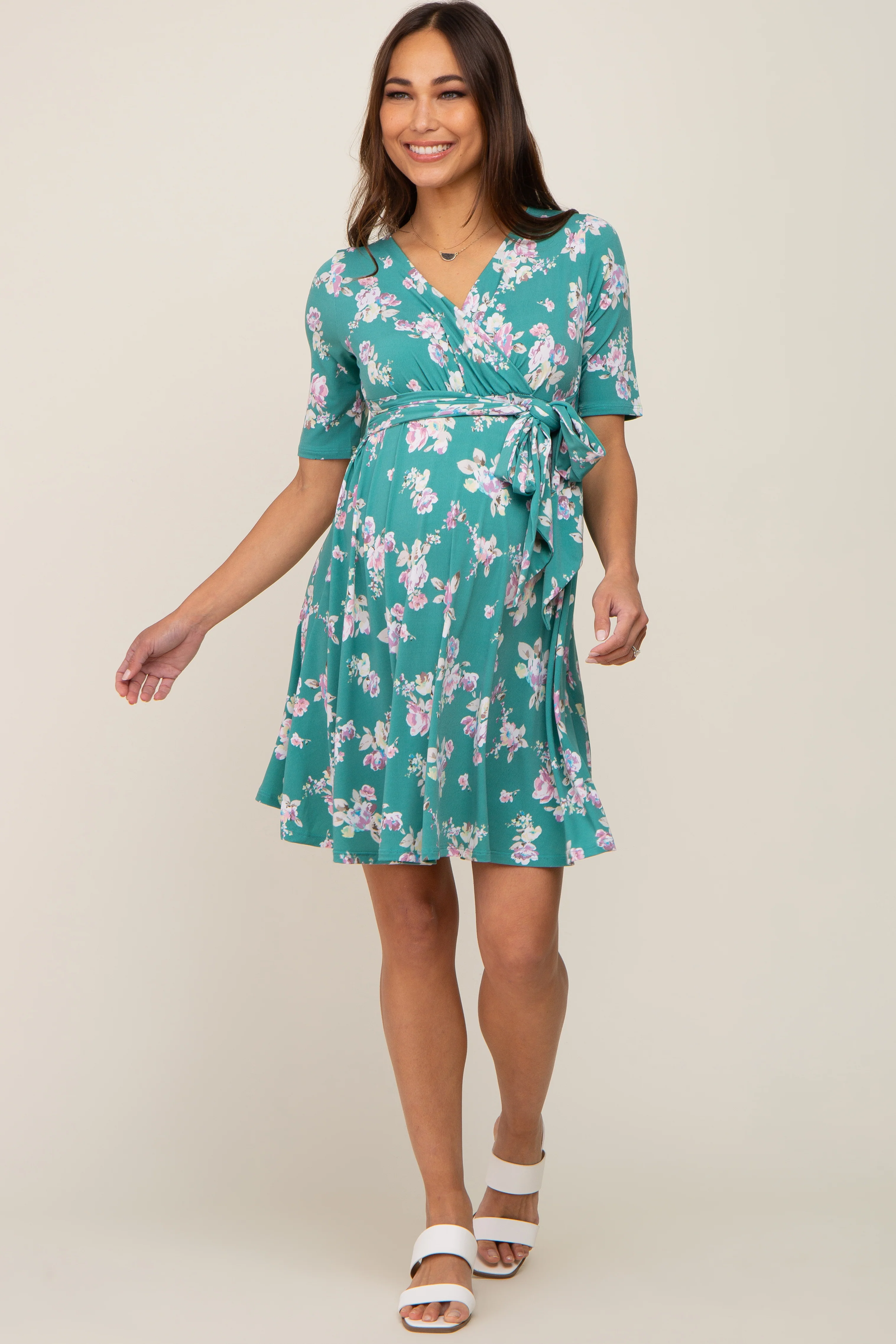 Jade Floral Wrap Front V-Neck Short Sleeve Maternity Dress - Image 4