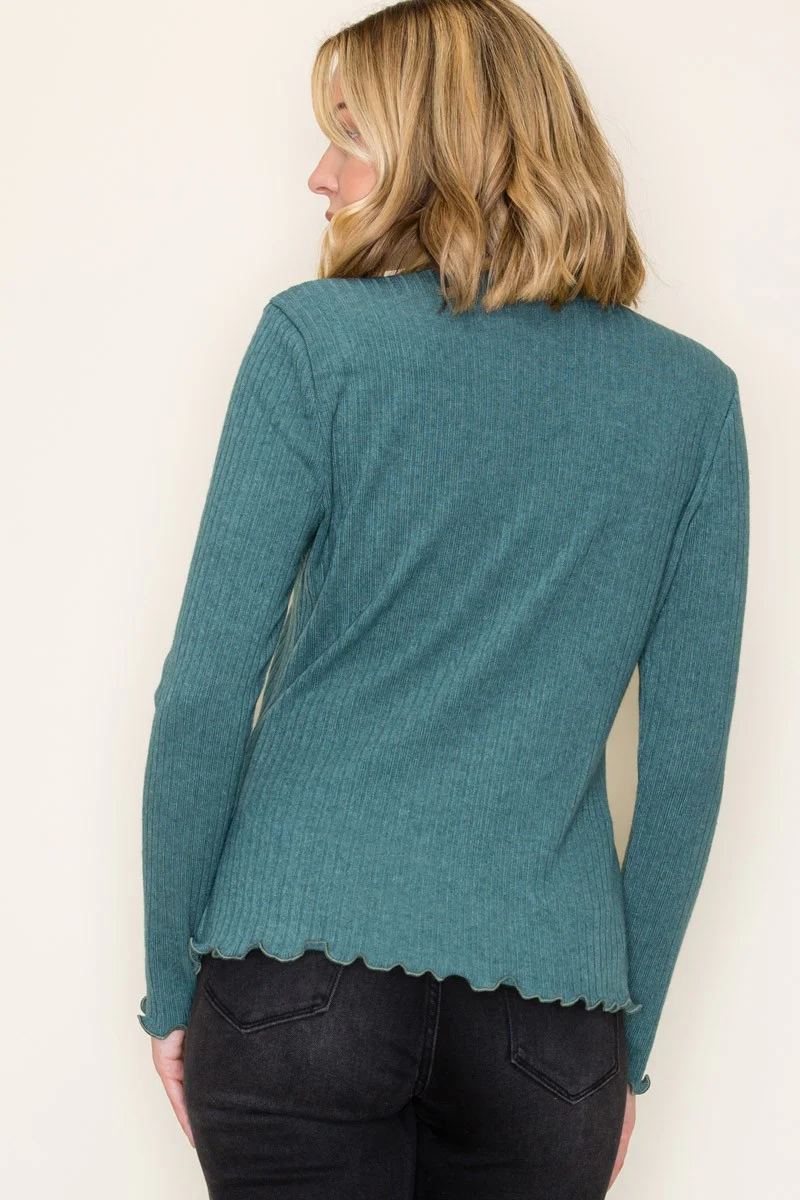 Jade Ribbed Mock Neck Ruffle Hem Long Sleeve Top - Image 3