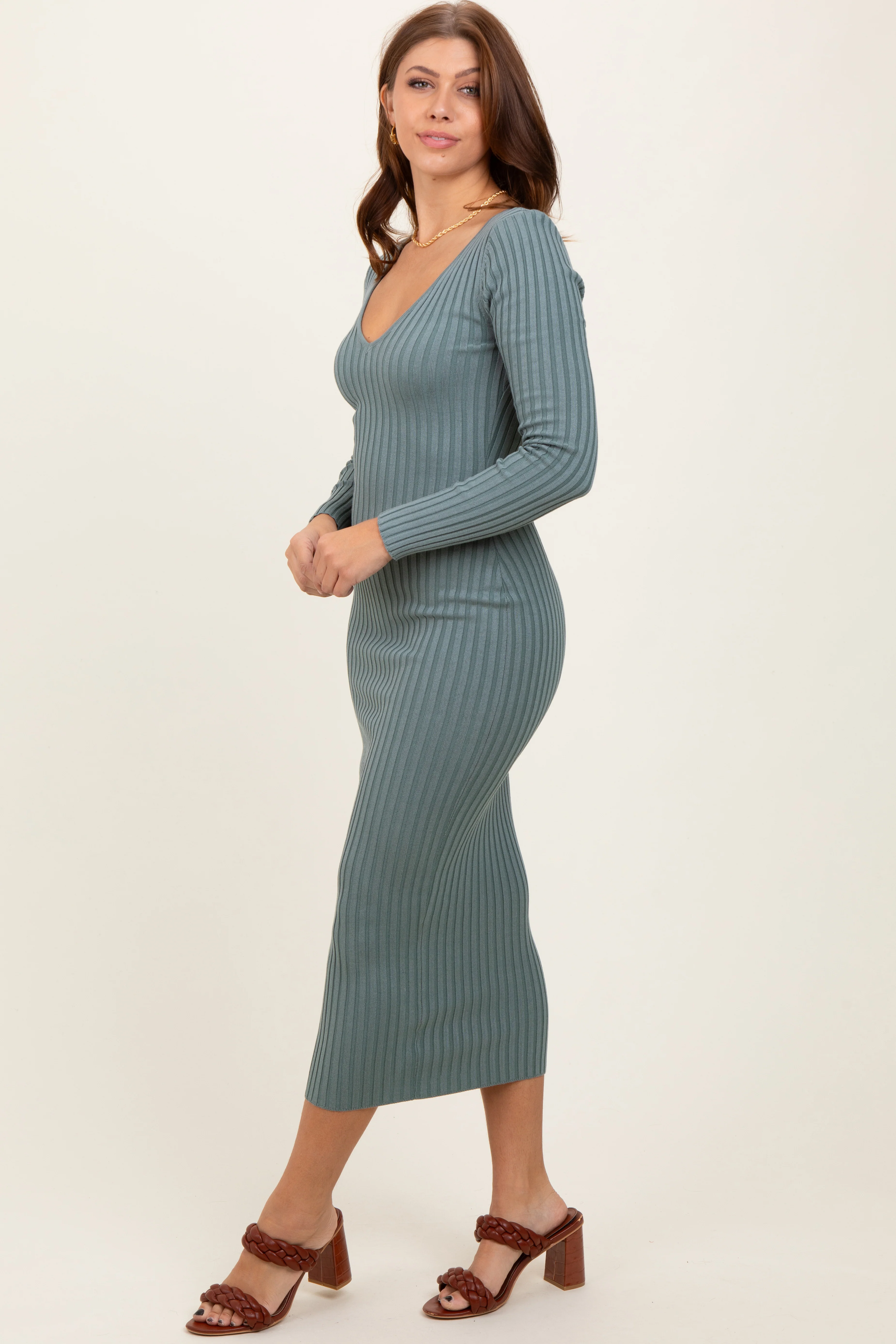Jade V-Neck Long Sleeve Fitted Maxi Dress - Image 2